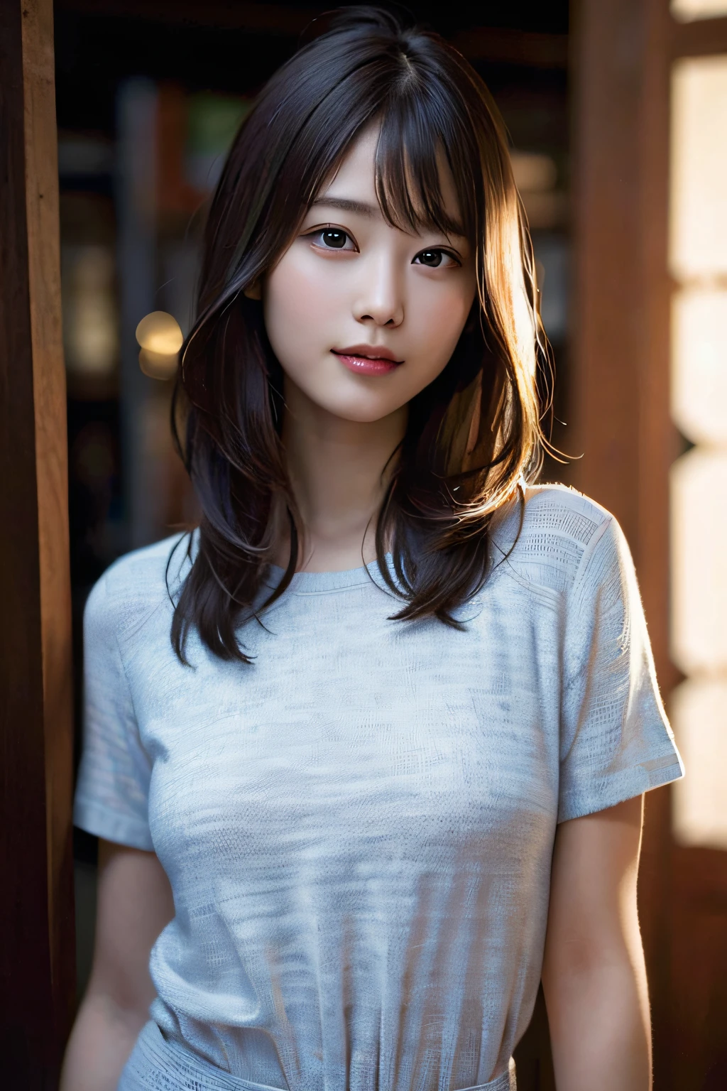 (8k, RAW photo, best quality, masterpiece:1.2), (realistic, photo-realistic:1.37), ultra-detailed, ultra high res,1 girl,looking at viewer,beautiful detailed face,smile,narrow,(slim waist:1.3),shirt, beautiful detailed skin, skin texture, floating hair,professional lighting,