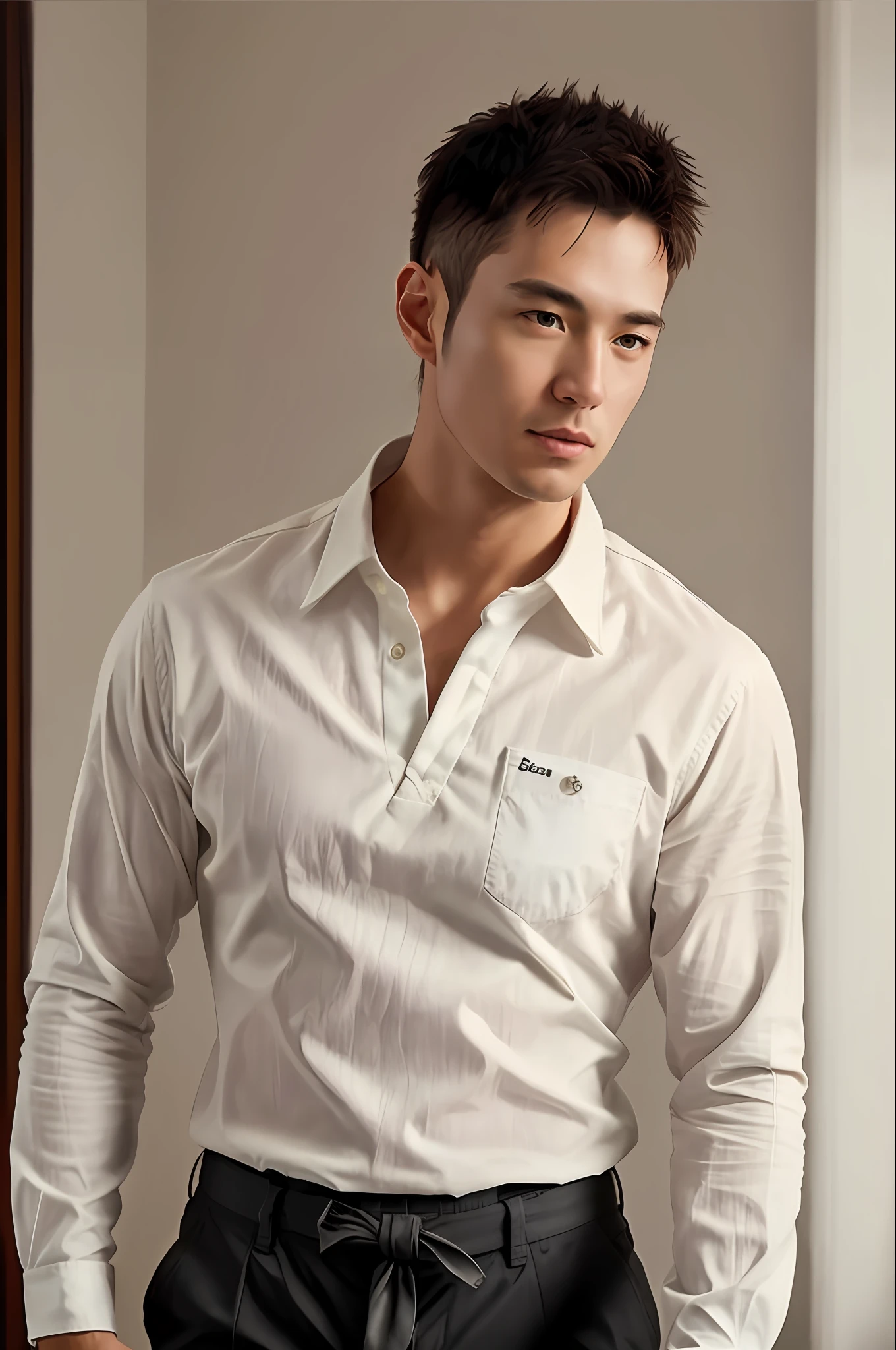 1man, a 30 y.o muscular male wearing long-sleeve white shirt and tie, upper body, soft lighting, masterpiece, best quality, 8k uhd, dslr, film grain, Fujifilm XT3 photorealistic painting art by midjourney and greg rutkowski