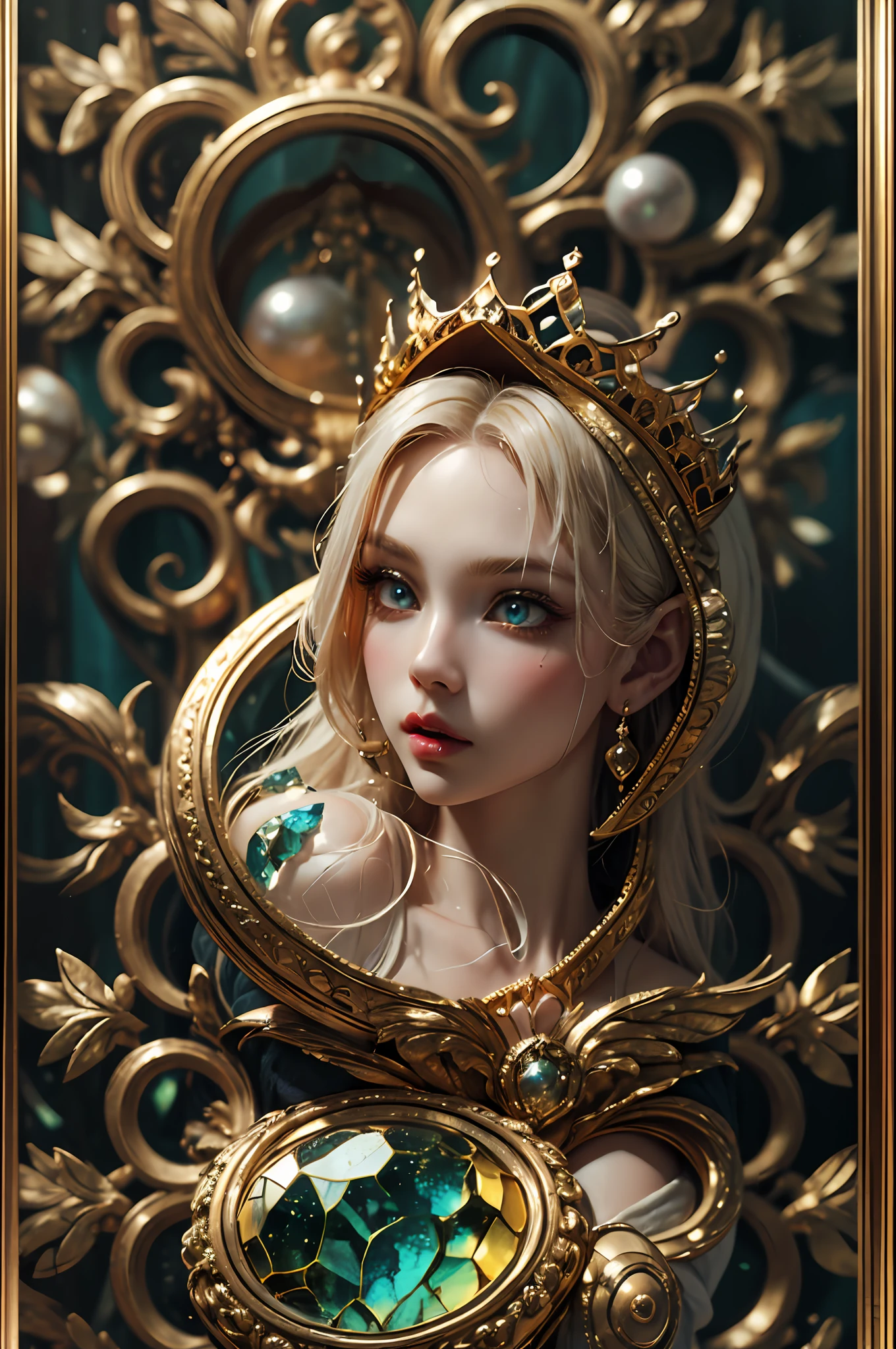 In the style of mythic fantasy and storybook fantasy, with many bright rainbow colors. (((Generate a mysterious fae queen with puffy lips and a wide mouth.))) She has a dark curls_hairstyle, side_swept_hair with a realistic texture. She has a realistic skin texture. She has 8k eyes, beautiful detailed eyes, realistically shaded eyes, and intricate detailed eyes. She has a highly detailed face. Her gossamer clothes are made of stunning french silk and beautiful polished, shimmering pearls. She is surrounded by many magical details and intricate celestial details. The artwork is very ornate, with small details and enhanced details. The artwork features phantasmal iridescence, bumps, and saturated colors as well as very detailed and gilded butterflies. The artwork features very detailed iridescent fantasy birds. The background should be interesting and relevant and octans, but the queen should be the focus of the frame. Lighting: Utilize innovative and beautiful lighting techniques including subsurface scattering, ambient lighting, and studio lighting that emphasizes fantasy details. Camera: She is the center of the frame. Utilize dynamic composition to create an exciting artwork with a lot of action and visual interest. Include mysterious ribbon, mysterious magic, and rays of shimmer. intricate, elegant, highly detailed, majestic, digital photography, art by artgerm and ruan jia and greg rutkowski, gold butterfly filigree, broken glass, (masterpiece, sidelighting, finely detailed beautiful eyes: 1.2), hdr,