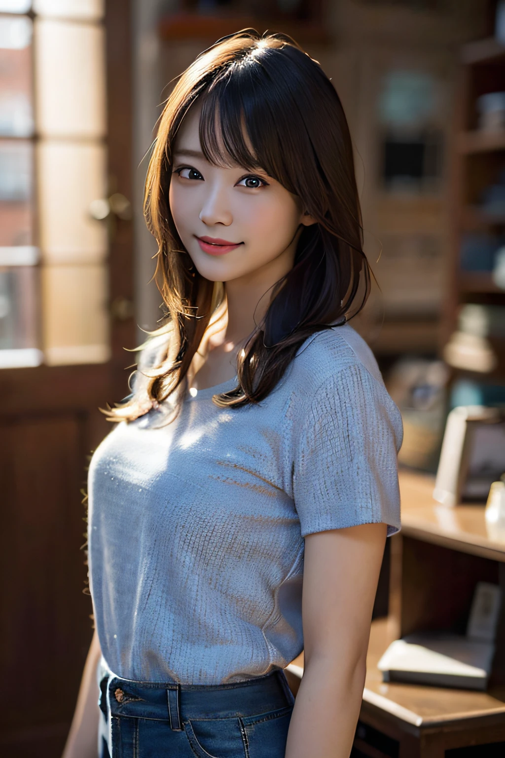 (8k, RAW photo, best quality, masterpiece:1.2), (realistic, photo-realistic:1.37), ultra-detailed, ultra high res,1 girl,looking at viewer,beautiful detailed face,smile,narrow,(slim waist:1.3),shirt, beautiful detailed skin, skin texture, floating hair,professional lighting,