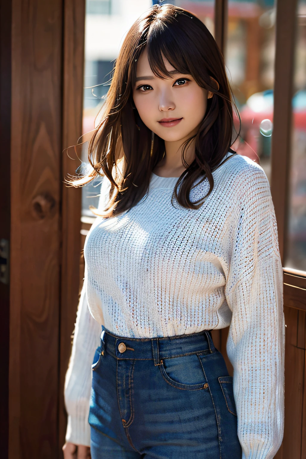 (8k, RAW photo, best quality, masterpiece:1.2), (realistic, photo-realistic:1.37), ultra-detailed, ultra high res,1 girl,looking at viewer,beautiful detailed face,smile,narrow,(slim waist:1.3),shirt, beautiful detailed skin, skin texture, floating hair,professional lighting,