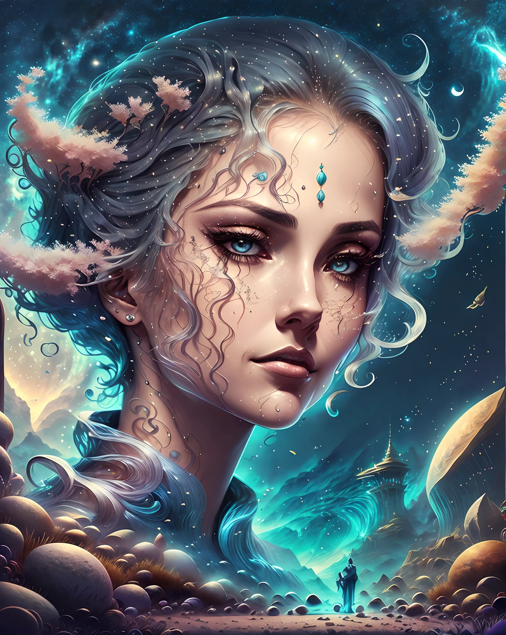 Mulher de cabelo e olhos azuis, linda, capa de livro de fantasia