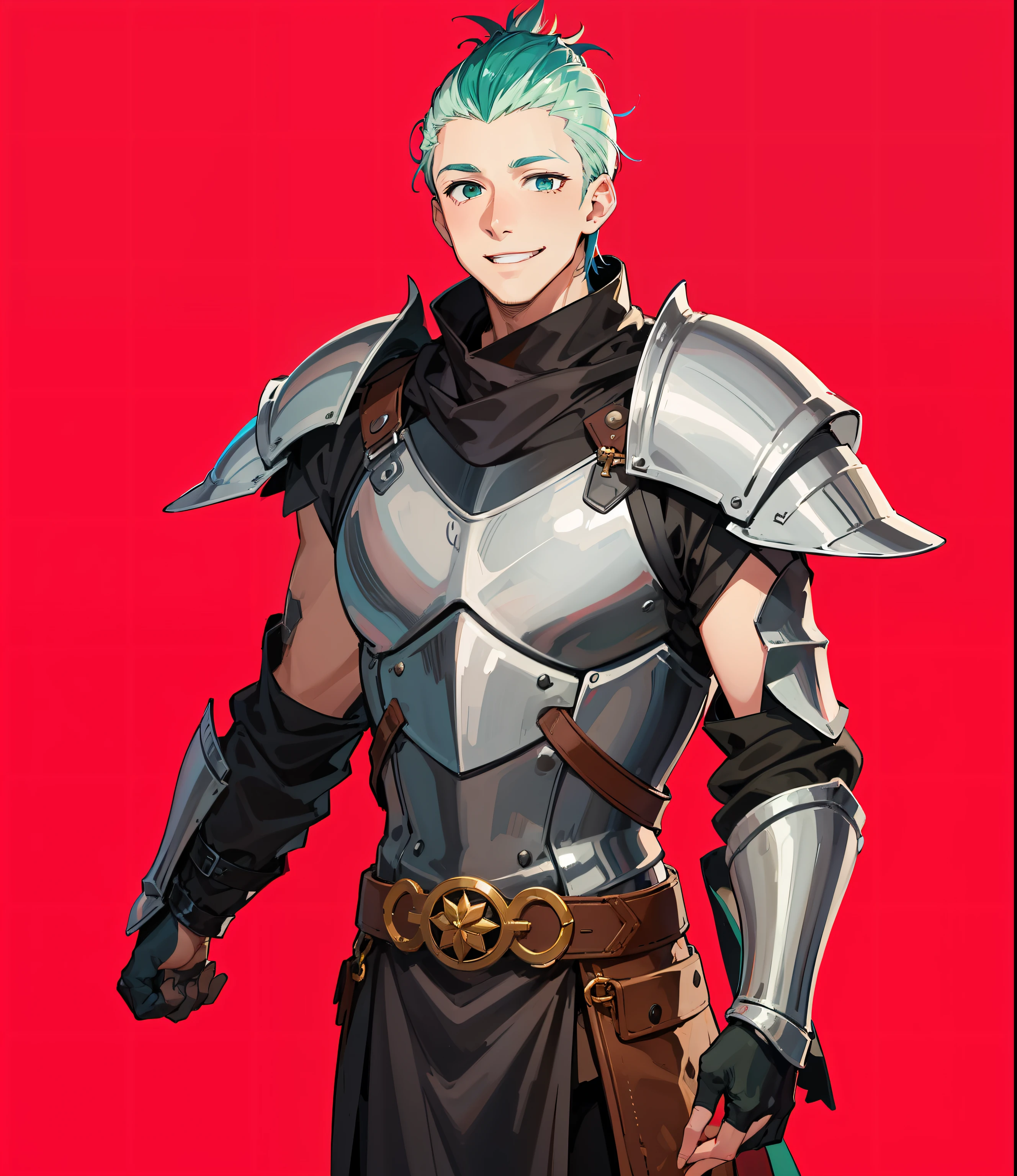 Screenshot of Anime A 28-year-old man with green mohawk hair in a medieval European knight costume stands looking at us with a very big smile。The body shape is thin。Fine line art 2020s anime