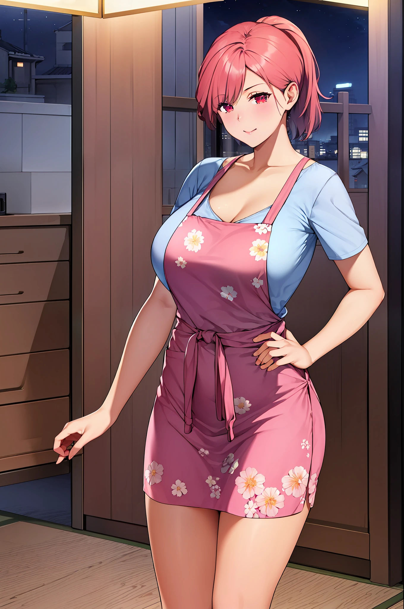 (Night:1.7), Japan, Tokyo, CityView, Before Window,
Standing at attention,
floral print,pink apron,
blue shirt,Skirt,
Pink_hair,red eyes, short hair,parted bangs,ponytail,
1 girl, 20yo,Young female,Beautiful Finger,Beautiful long legs,Beautiful body,Beautiful Nose,Beautiful character design, perfect eyes, perfect face,
looking at viewer, 
NSFW,official art,extremely detailed CG unity 8k wallpaper, perfect lighting,Colorful, Bright_Front_face_Lighting,
(masterpiece:1.0),(best_quality:1.0), ultra high res,4K,ultra-detailed,
photography, 8K, HDR, highres, absurdres:1.2, Kodak portra 400, film grain, blurry background, bokeh:1.2, lens flare, (vibrant_color:1.2)
(Beautiful,Breasts:1.0), (beautiful_face:1.5),(narrow_waist),