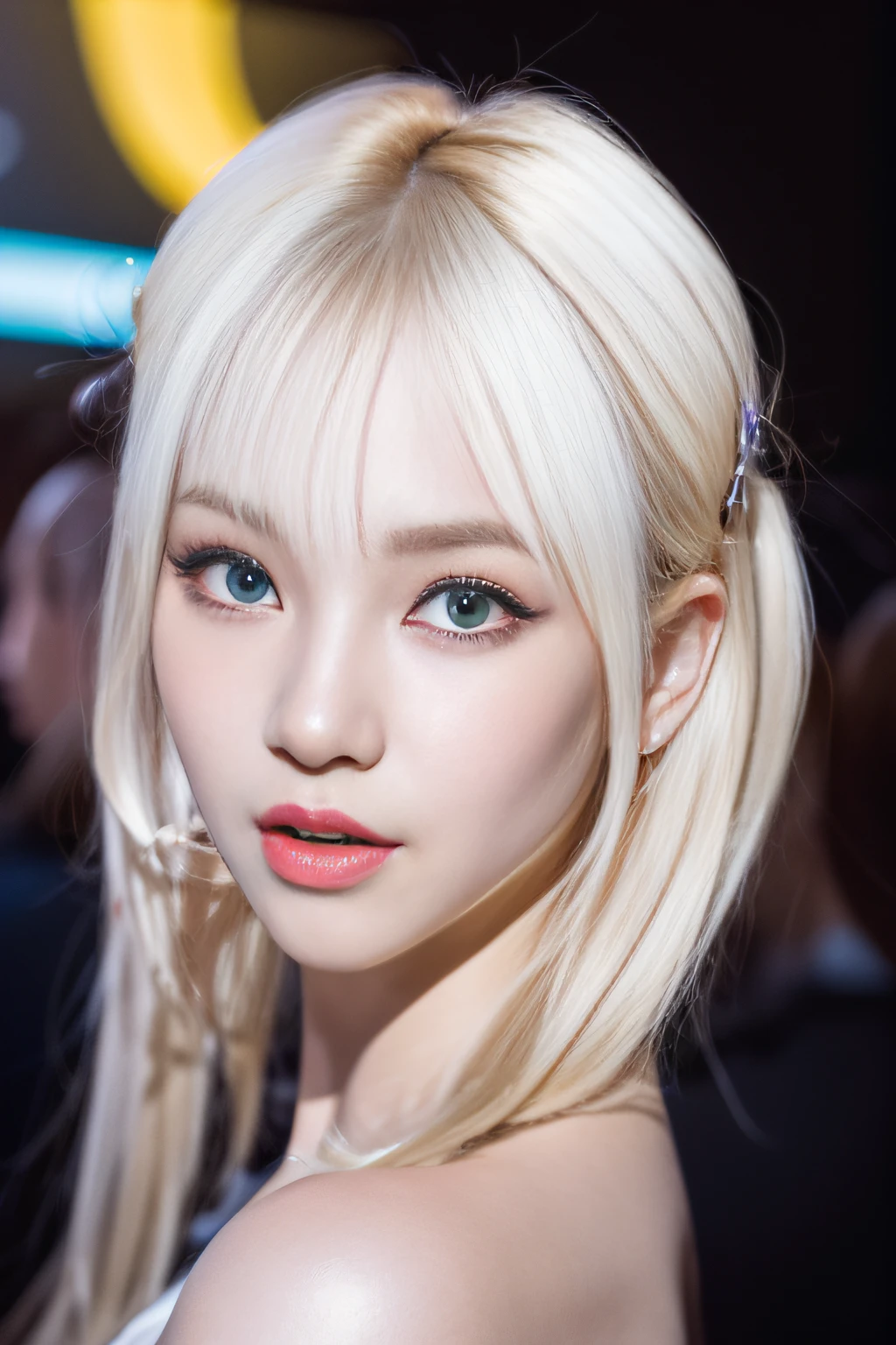 (8K, 4K, Best quality, high resolutions, ultra-highresolution:1.1), (Masterpiece, Realistic, photo-realistic:1.1), 1girls, Face, Close-up, twintail, Blonde hair, Black eyes, Red lips, (Looking in the audience:2),Absurd long hair,long eyelash,eyeshadows,small face,large eyes,naked shoulders,high-contrast,Realism,ultra-highresolution