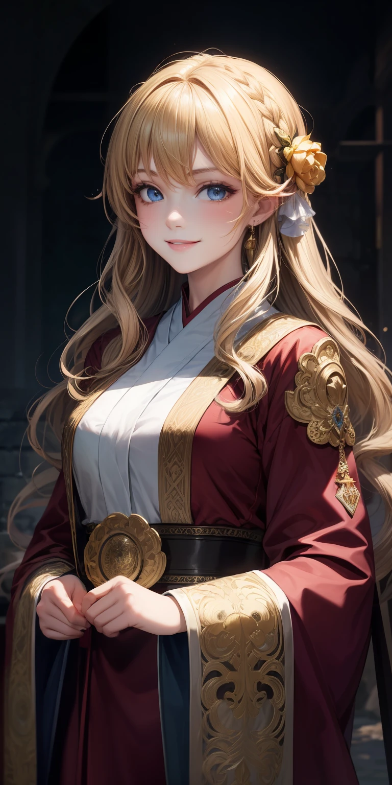 (masterpiece, best quality), intricate details, 1girl, blonde hair, long hair, wavy hair, blue eyes, monk robes, smile