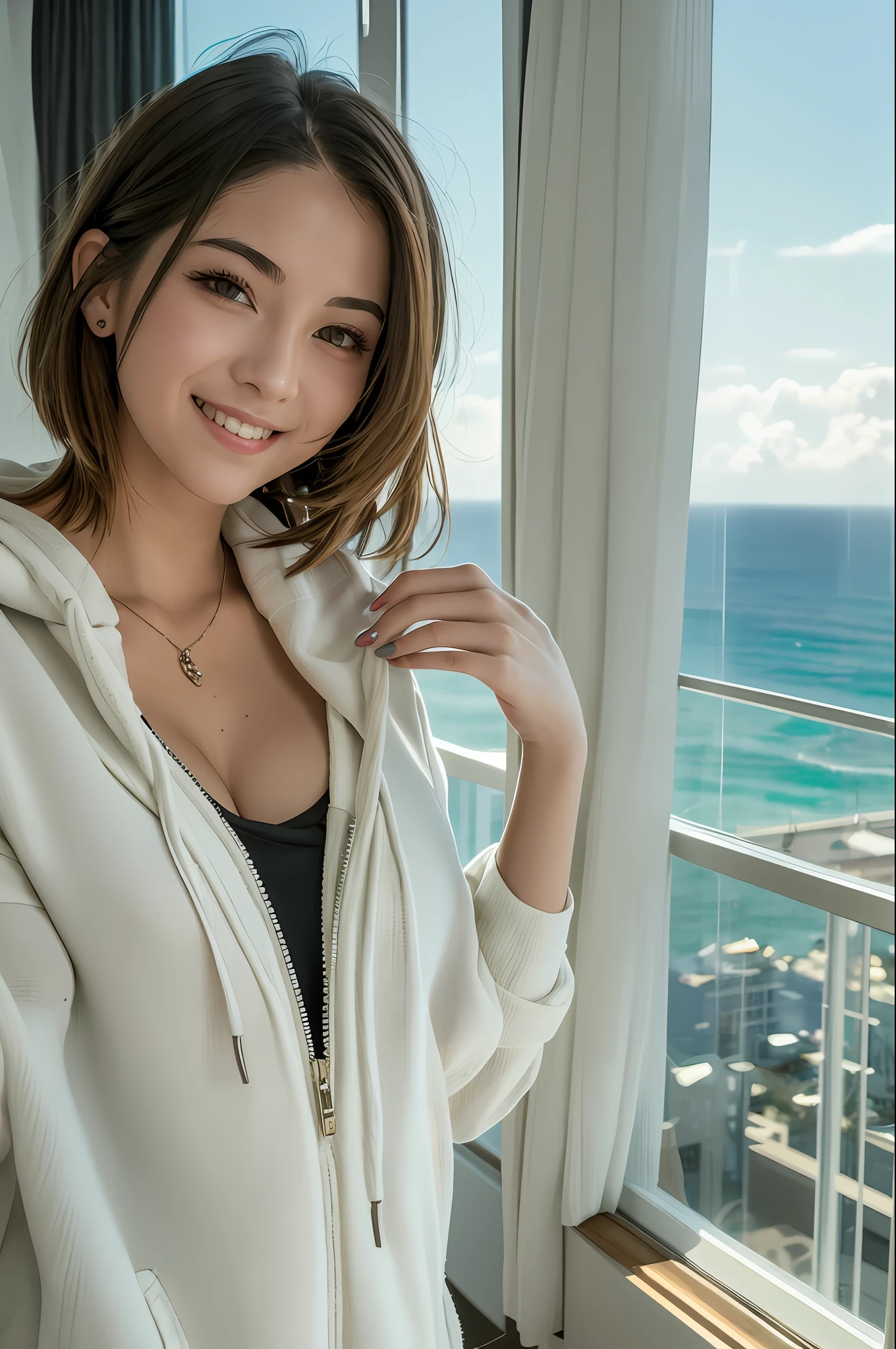 One girl, masterpiece, top quality, realistic, realistic, seductive light smile, short shoulder-length hair, attractive eyes, (small breasts), (fancy hoodie), (showing cleavage), very detailed, full body, modern hotel room, (floor-to-ceiling windows with ocean view), NSFW,