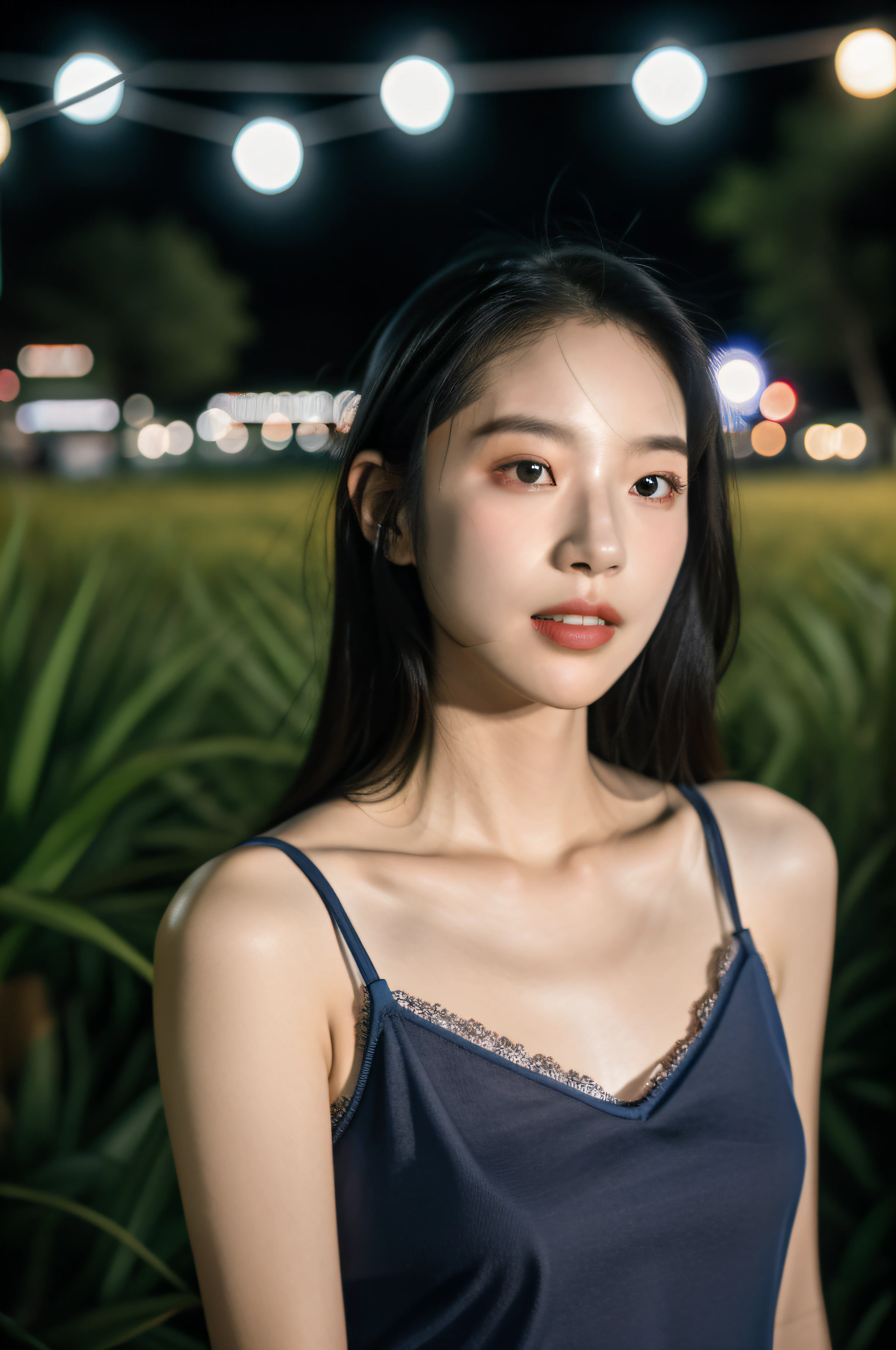 1girls，idols，mannequin，deep of field，Photo showing，filmes，Side face，Ruffle your hair，Look in the other direction，Skinny，Haha，fcollarbone，teeth，long way hair，Lazy，filmes，camisole，selfee，Night，Boyfriend perspective