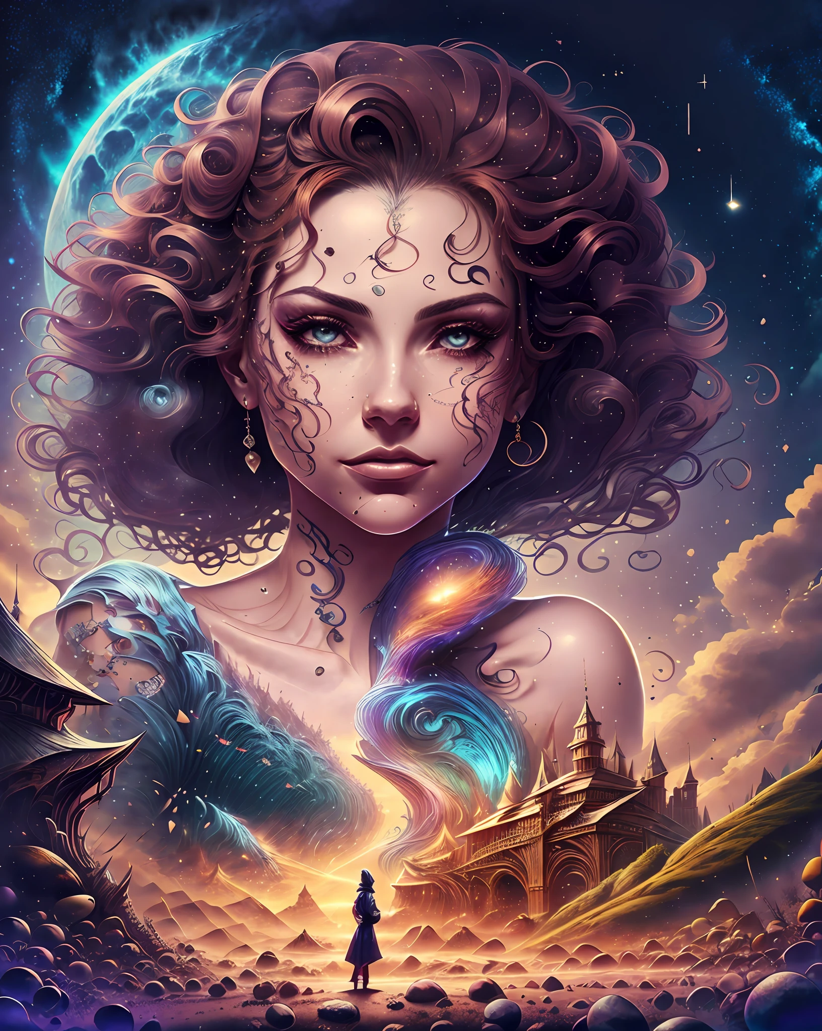 Mulher ruiva de olhos cinza, linda, capa de livro de fantasia