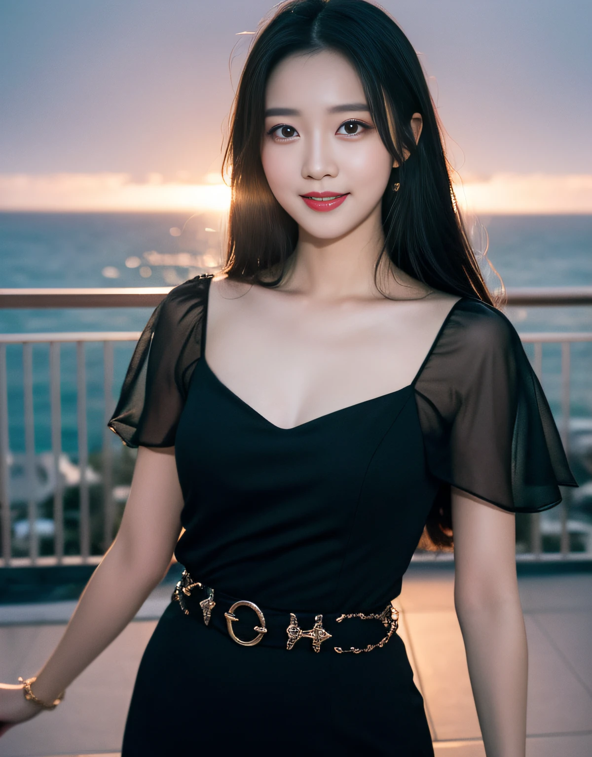 (RAW photograph:1.2),the highest quality, ultra-highres, slim waist, Lovely smile, Very detailed faces, detailed lips, delicated eyes, Double eyelidd, long black hair, Black-haired god, Top-notch terrace, next to the reflecting ocean, cinematic shot,expansive cinematic view, Bright and cheerful atmosphere, Lovely eyes, (Lovely dress)