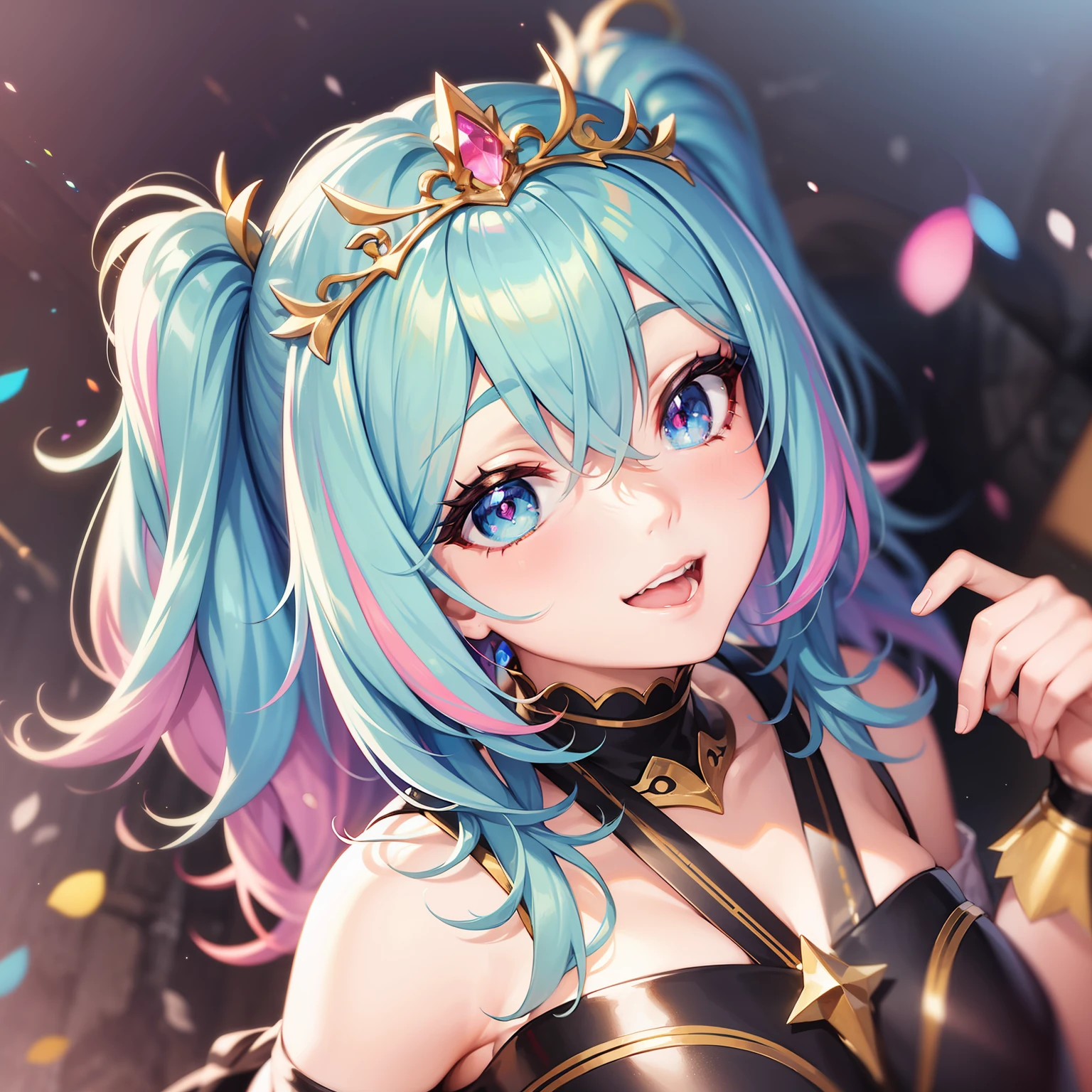 The girls1people、full full body、rainbow hair, Hair Between Eyes, tiaras、diamond-shaped pupils, Makeup, smiley, Anime style, Iridescent dresses、F/1.8, from above view, Masterpiece, Best Quality