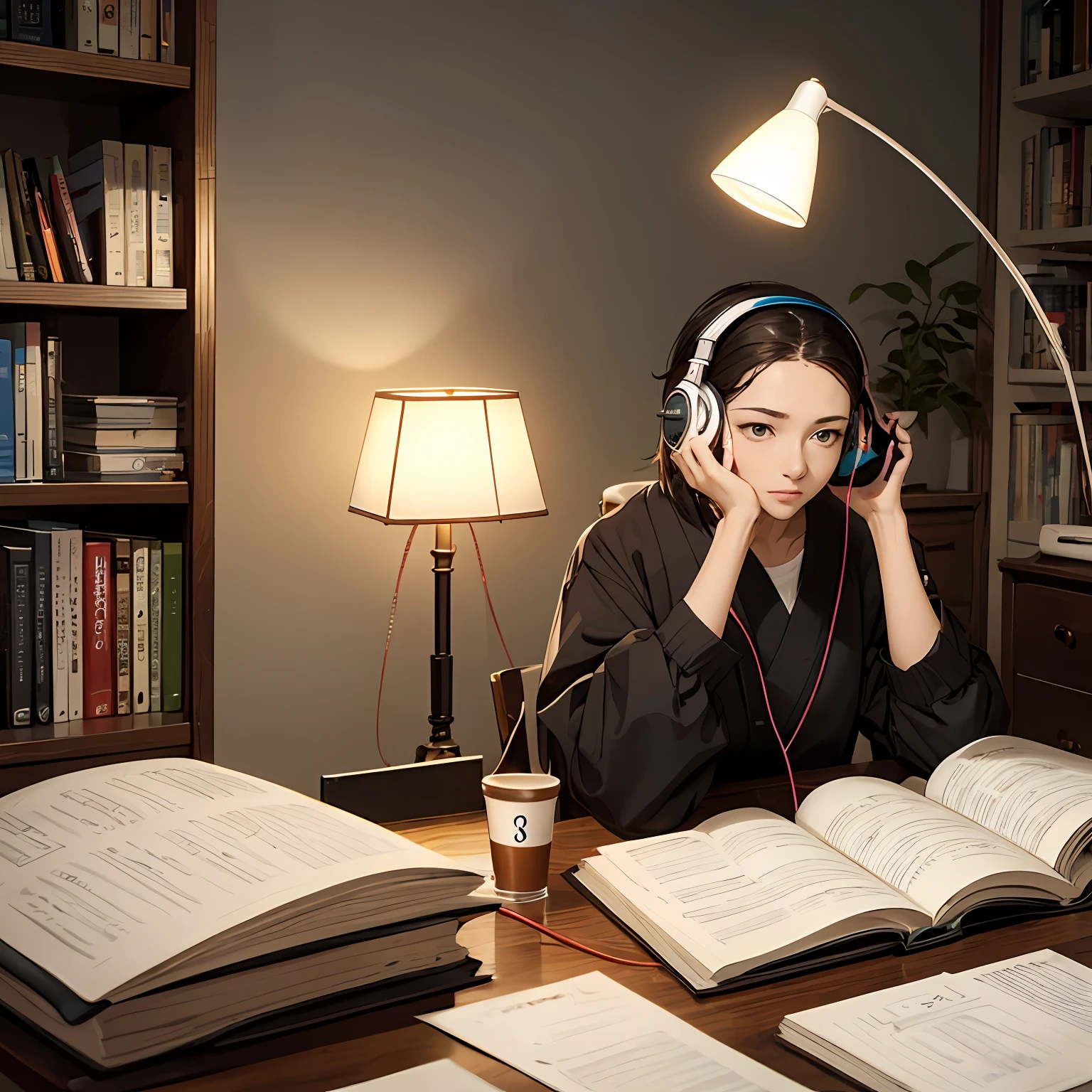 ((lo fi music for study: 1.3) +(japanese aesthetic: 1.1))e(auto-estudo:0.9),Minimalista, Ambiente, cores silenciadas,peaceful, Relaxed, aconchegante,calmo,ritmo lento,conducive for concentration,reconfortante, night time, livro aberto, coffee cup, desk lamp, light rain outside,estudante, headphones on head,leitura, produtivo. --auto