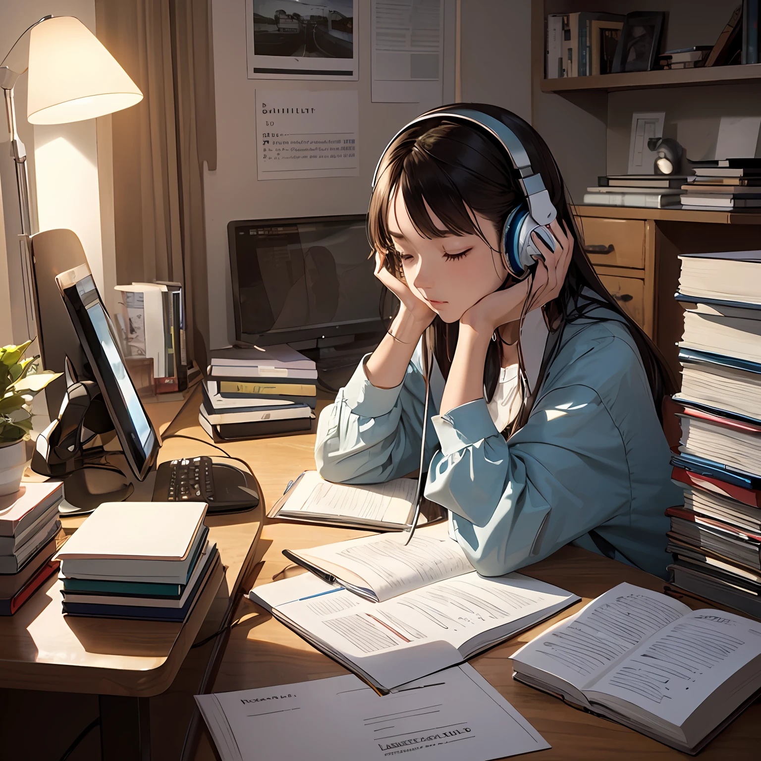 ((lo fi music for study: 1.3) +(japanese aesthetic: 1.1))e(auto-estudo:0.9),Minimalista, Ambiente, cores silenciadas,peaceful, Relaxed, aconchegante,calmo,ritmo lento,conducive for concentration,reconfortante, night time, livro aberto, coffee cup, desk lamp, light rain outside,estudante, headphones on head,leitura, produtivo. --auto