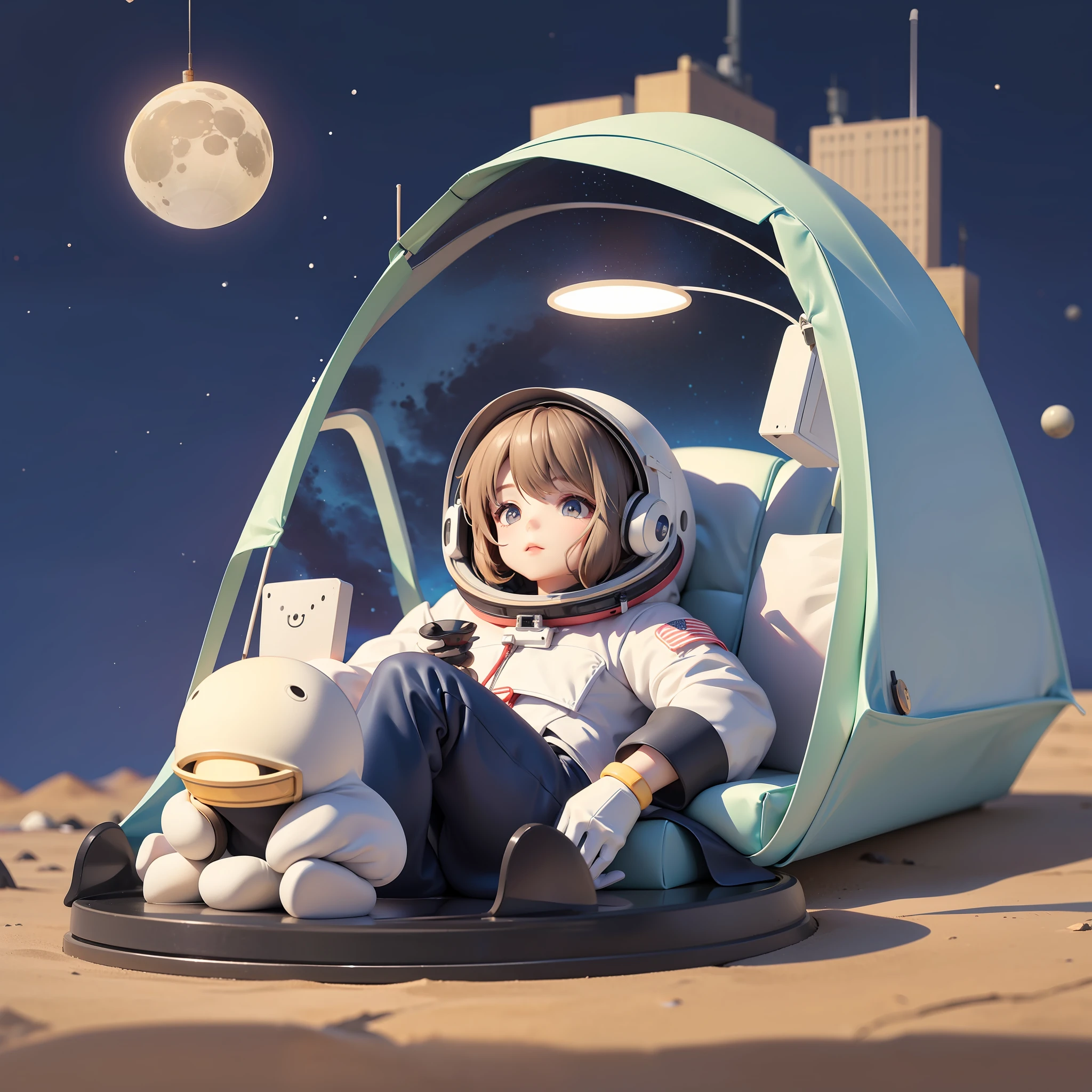 A fresh cartoon style astronaut,Wear a helmet on your head,Reflective goggles on the helmet,The background is the starry sky and the lunar surface,He rested on a recliner,Next to it is a mechanical dog,There is a sense of loneliness in the tent camp。