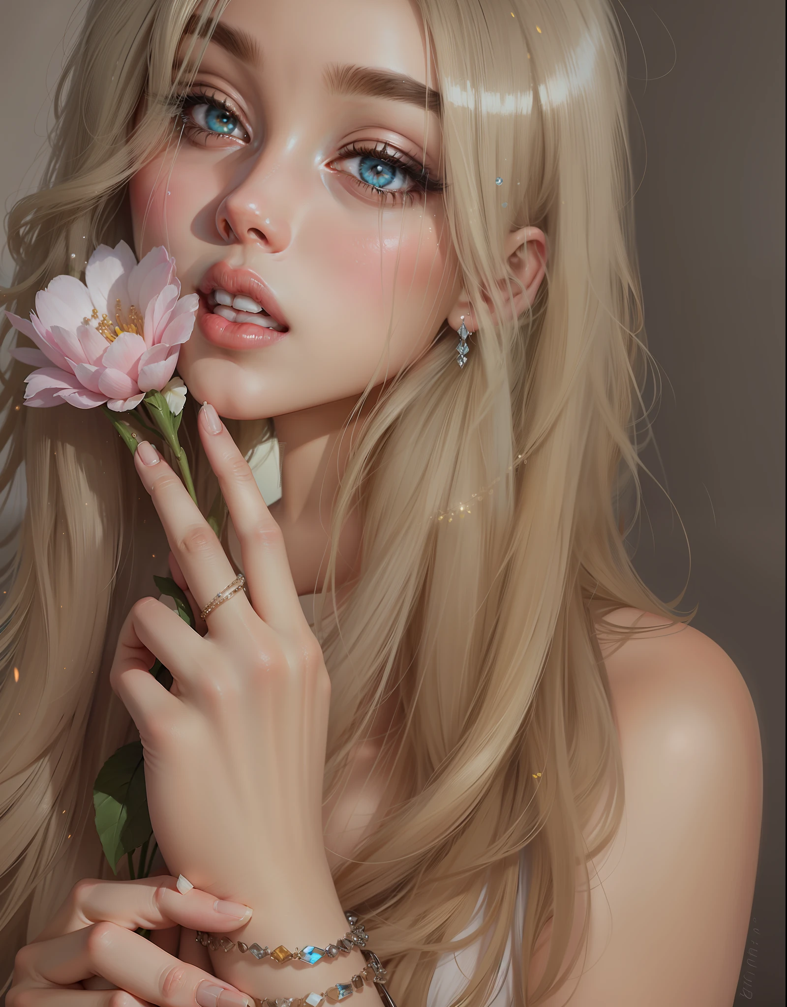 Desenho digital perfeito, cabelos molhados , brilhos em sua pele, linda flor de cristal , perfeita qualidade, magnificent details , luzes e brilhos