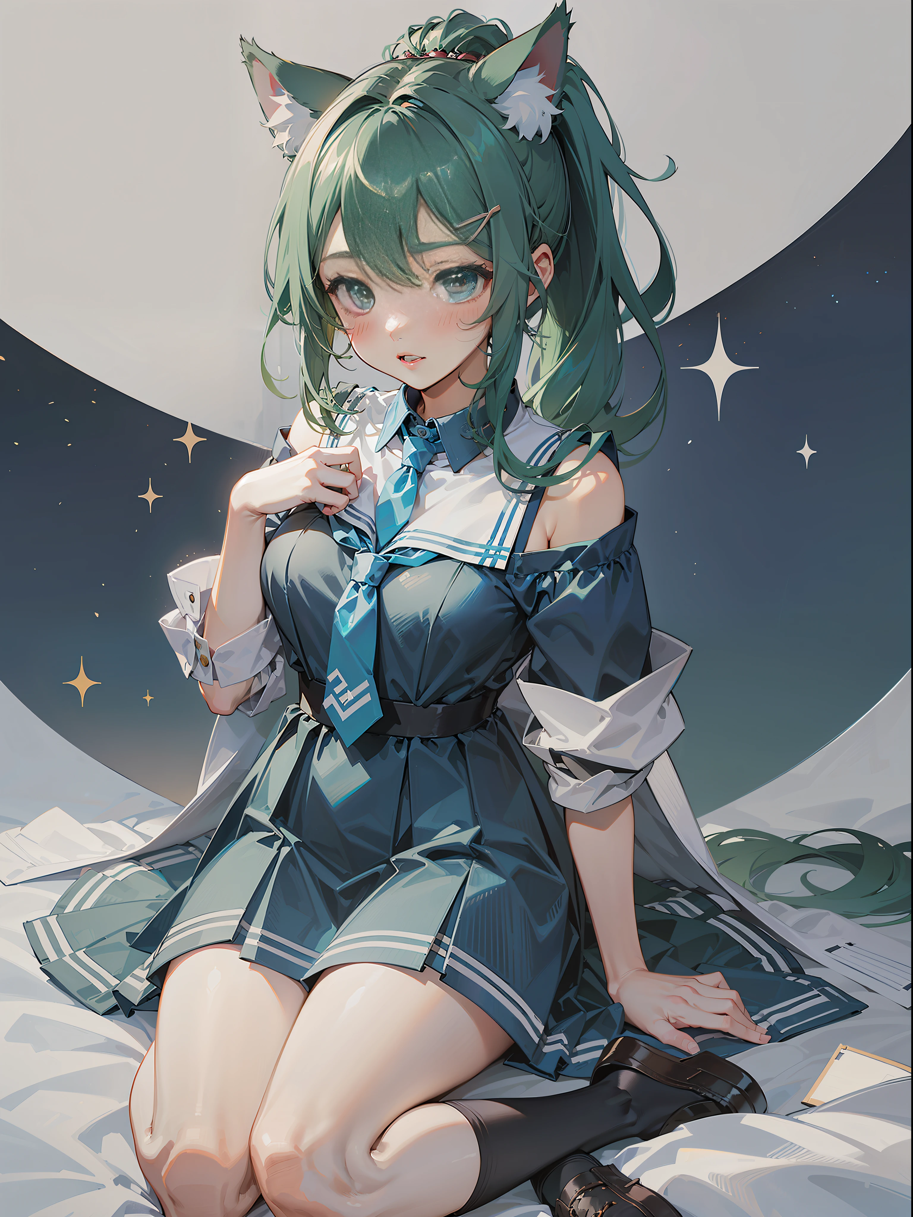 Full body, (PadoruMeme 1girl), ponytail, (school uniform), blue dress, animal ears, cat ears, collar, tie, tie, ((blue-green)), off-the-shoulder, blush, animal ear fuzz