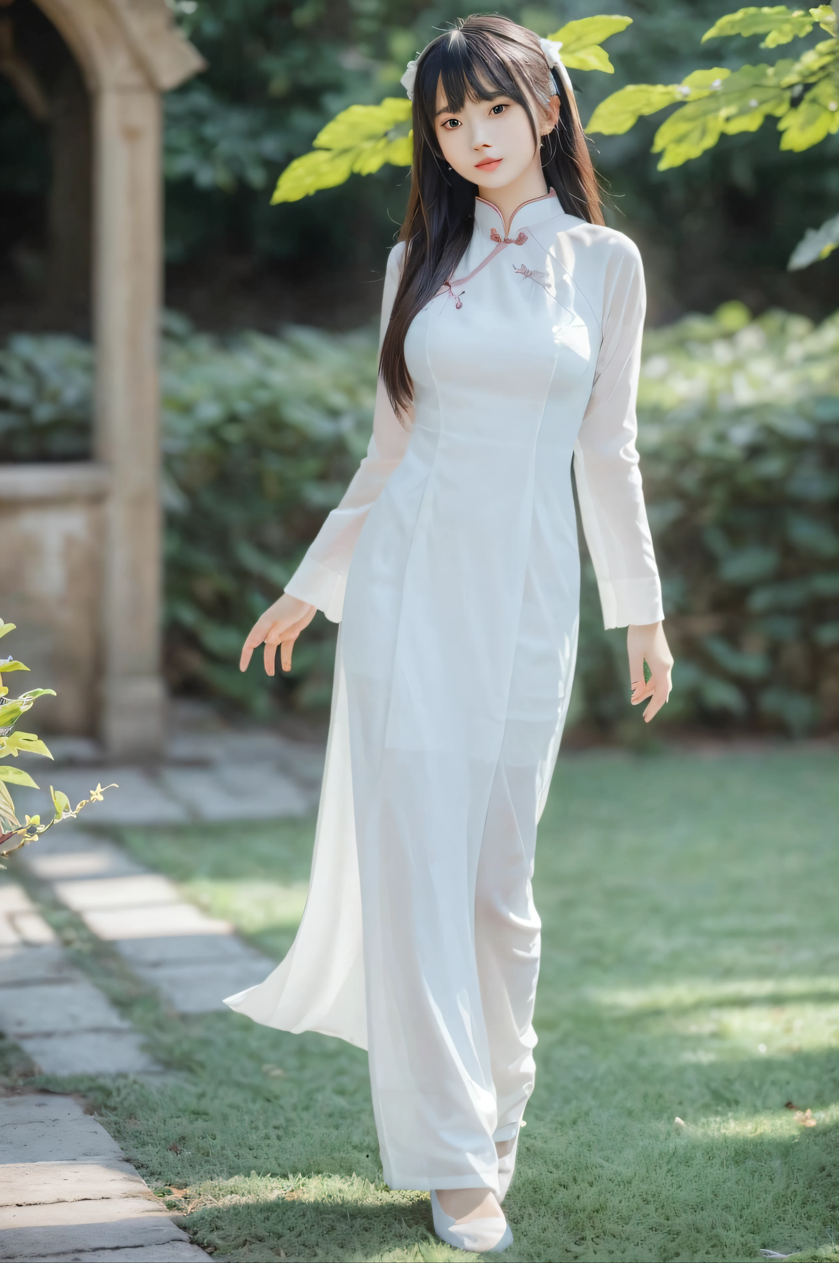 (Top quality, Best quality, Formal art, Beautiful and aesthetic:1.2), (1 girl:1.3), Extremely detailed, Colorful, Highest detail, (powerful posing:) Dynamic), (luslous skin), Beautiful face,  light pink ao dai, Showing, walking on green grass, Morning, Sunny, Masterpiece,ultra realistis,32K,Extremely detailed CG unity 8k wallpaper wallpaper, Best quality