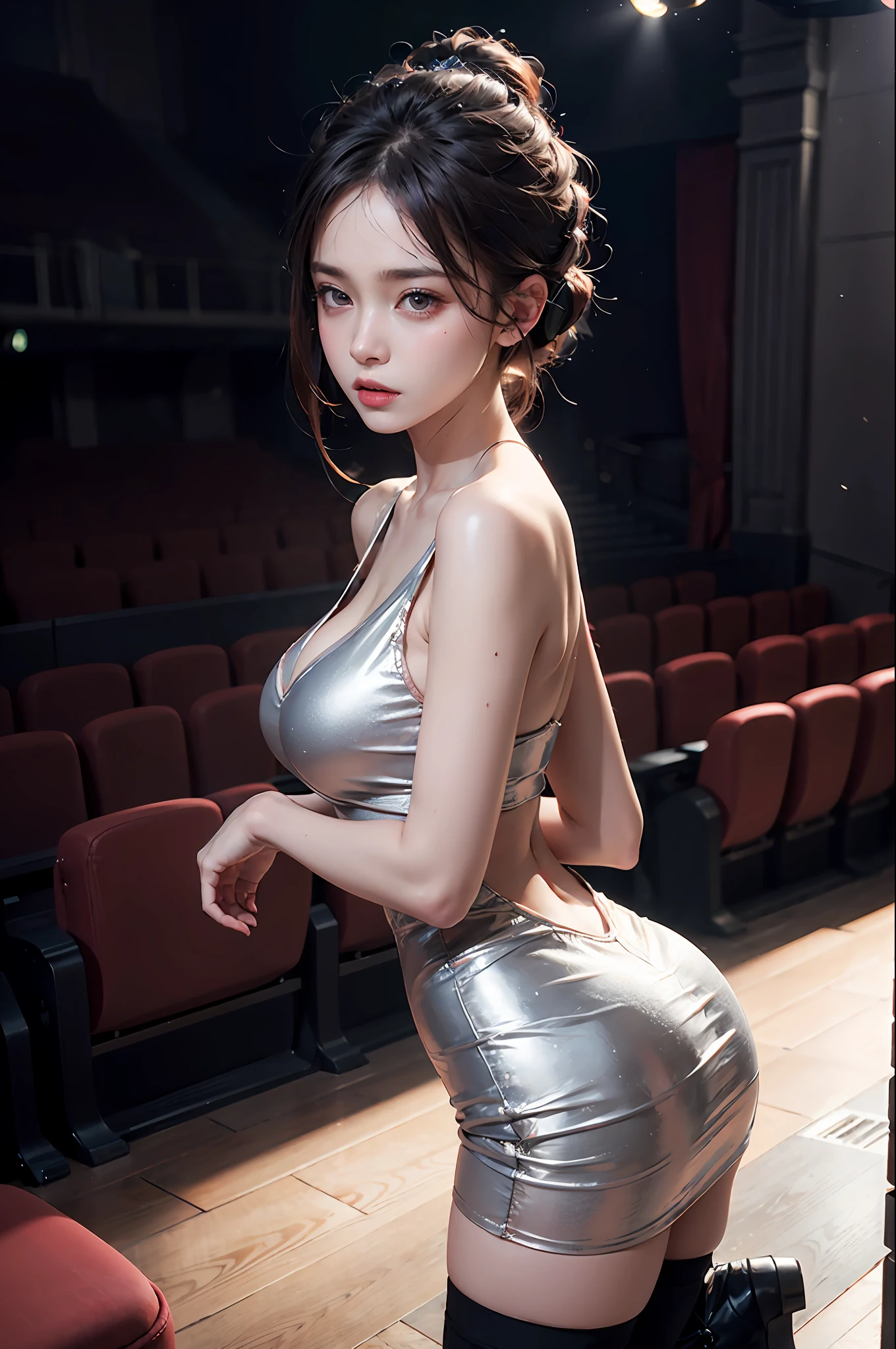 1girls, vocalist, Delicate and beautiful face, get blush, Various hairstyles, Hair strips dyeing, Angry, parted lips, wearing headphone,Busty chest, Convex buttocks, One-piece ballet puffy skirt, Stockings,Black boots,perfectly proportioned, Detailed clothing details, theater, auditorium,Full audience,Cinematic lighting, filmgrain, Fujicolor, Contrast of light and shade, 8K, Masterpiece, Textured skin, Super detail, high-detailed, High quality, high - resolution,