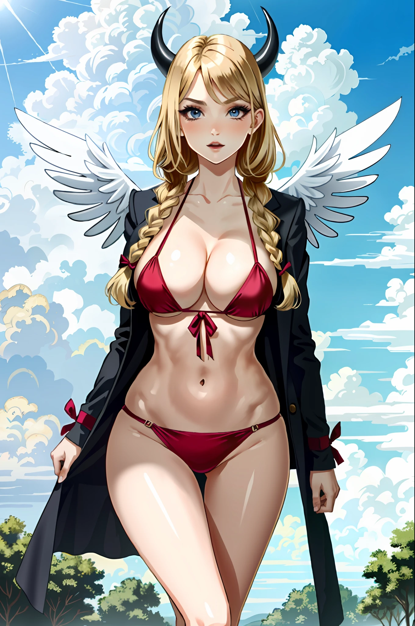 levitating in air, clouds, (masterpiece, best quality, illustration), Marin Kitagawa black microbikini, makeup, blond hair, pink eyes, very long hair, hair ribbon, braid, twin braids, cowboy shot, looking at viewer, cleavage, flirting, modest, huge natural breasts, large hips, devil horns and tail, angel wings