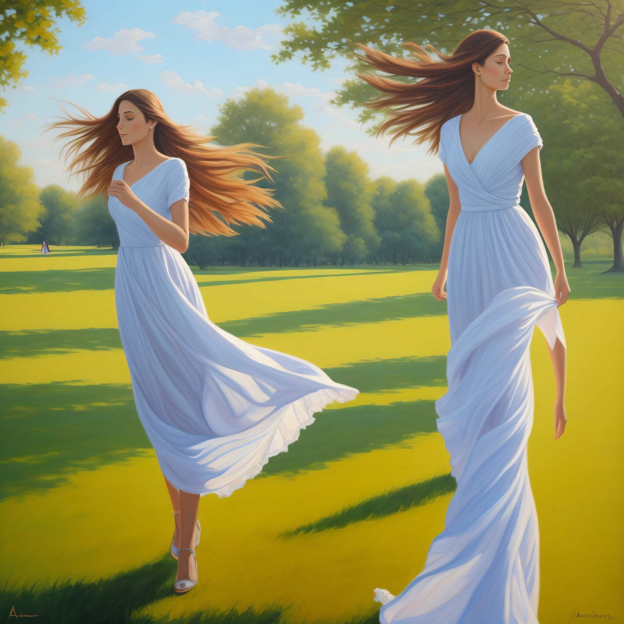 A serene painting of a graceful woman strolling through a sunlit park, showcasing her elegant beauty and slender figure, her long flowing hair gently swaying in the breeze. --auto