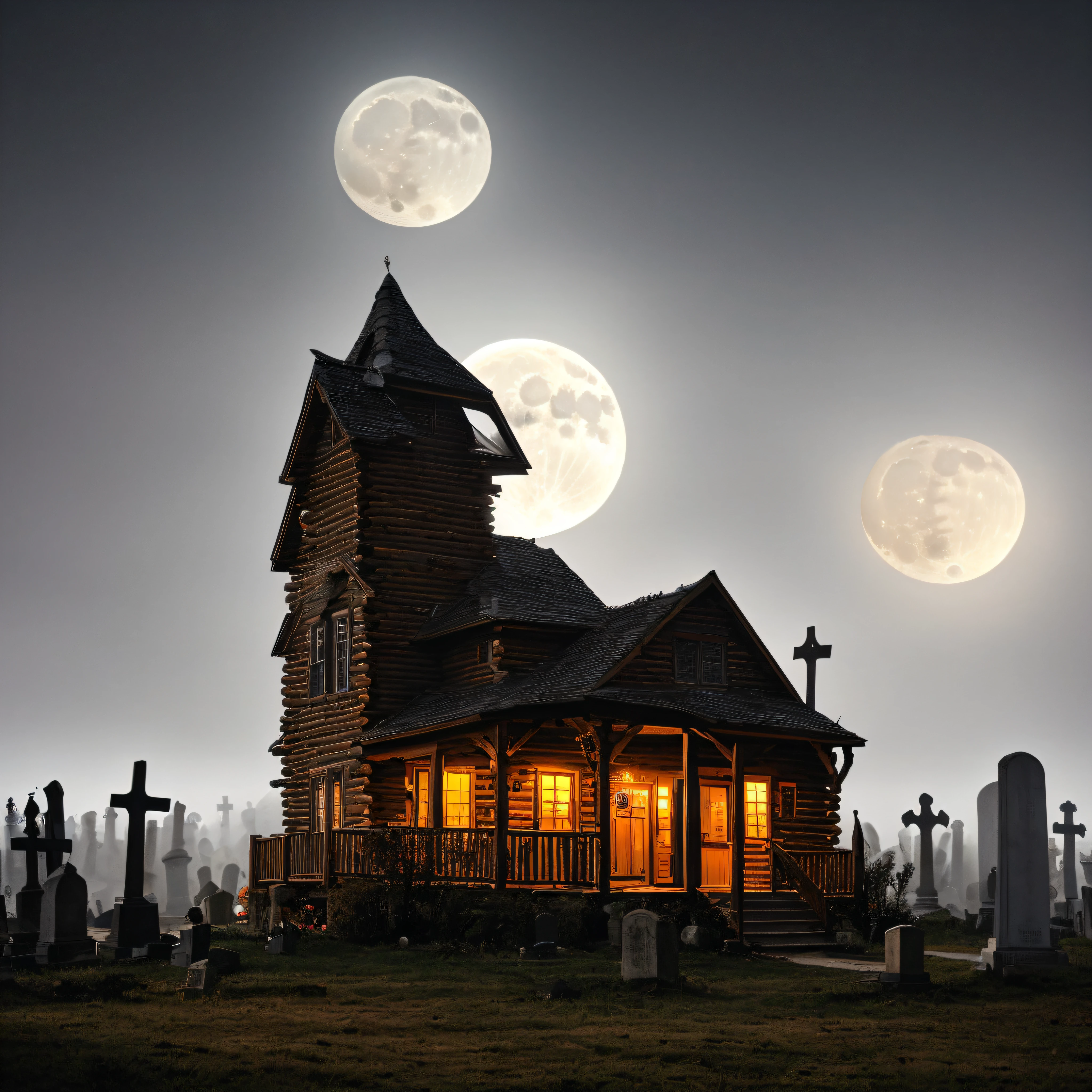 (Two-level cabin terrorizes the center of a night cemetery with full moon and fog) un asesino vestido d enegro con una guitarra electrica en la mano tocando una melodia entre las lapidas tenebrosas y un gato negro diabolico arriba d euna de las palpidas