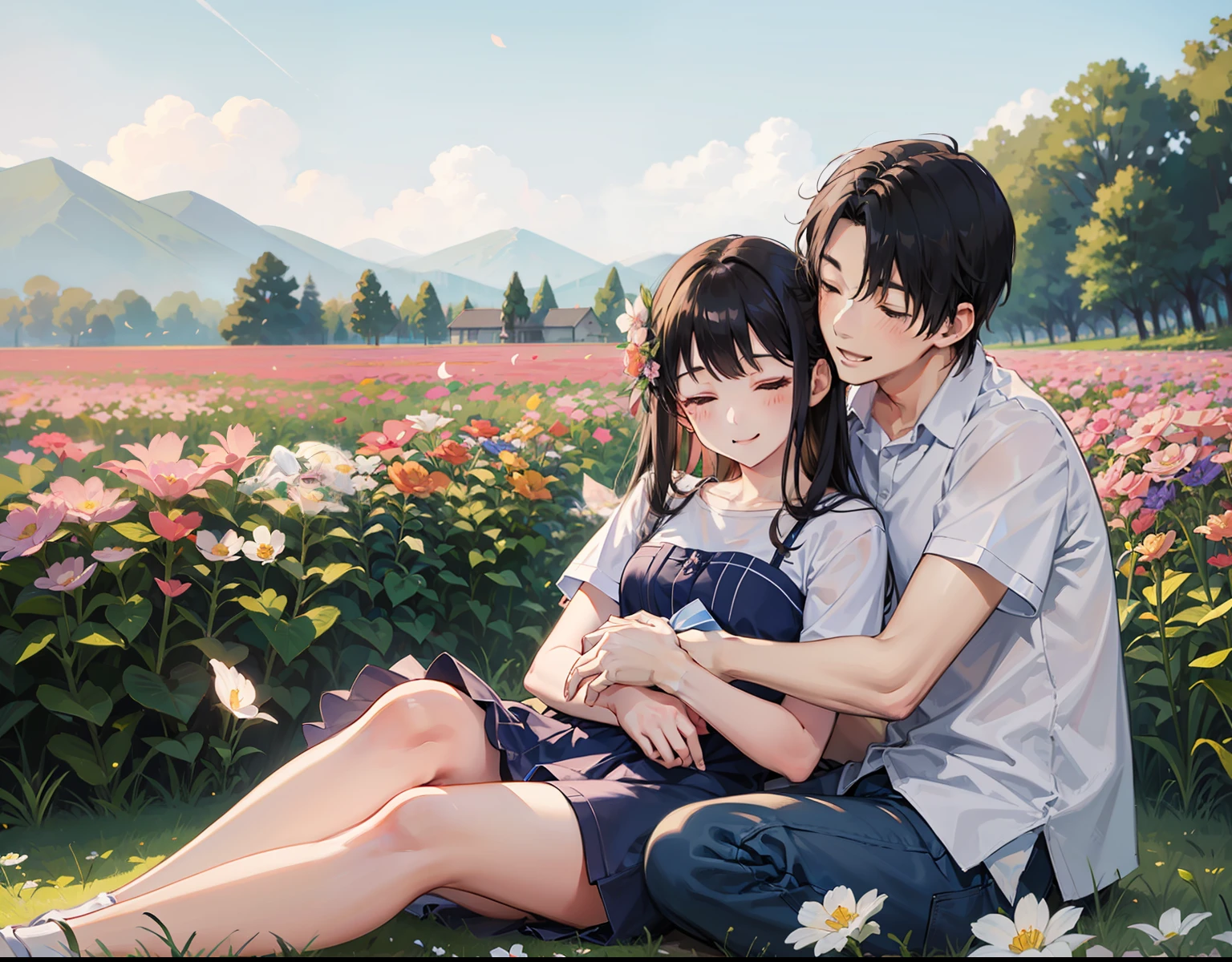 couple, 1girl, 1boy, the boy sleep on the girl's lap, smile, laugh, romantic atmosphere, behind the flower, flower field, blue sky, landscape