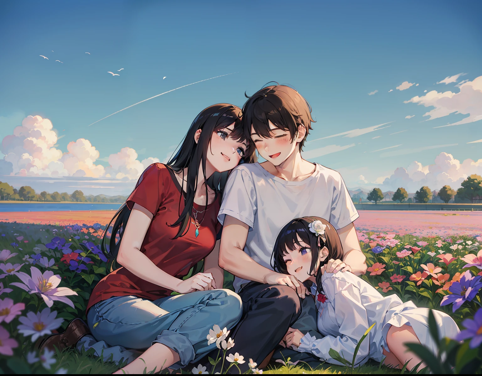 couple, 1girl, 1boy, the boy sleep on the girl's lap, smile, laugh, romantic atmosphere, behind the flower, flower field, blue sky, landscape