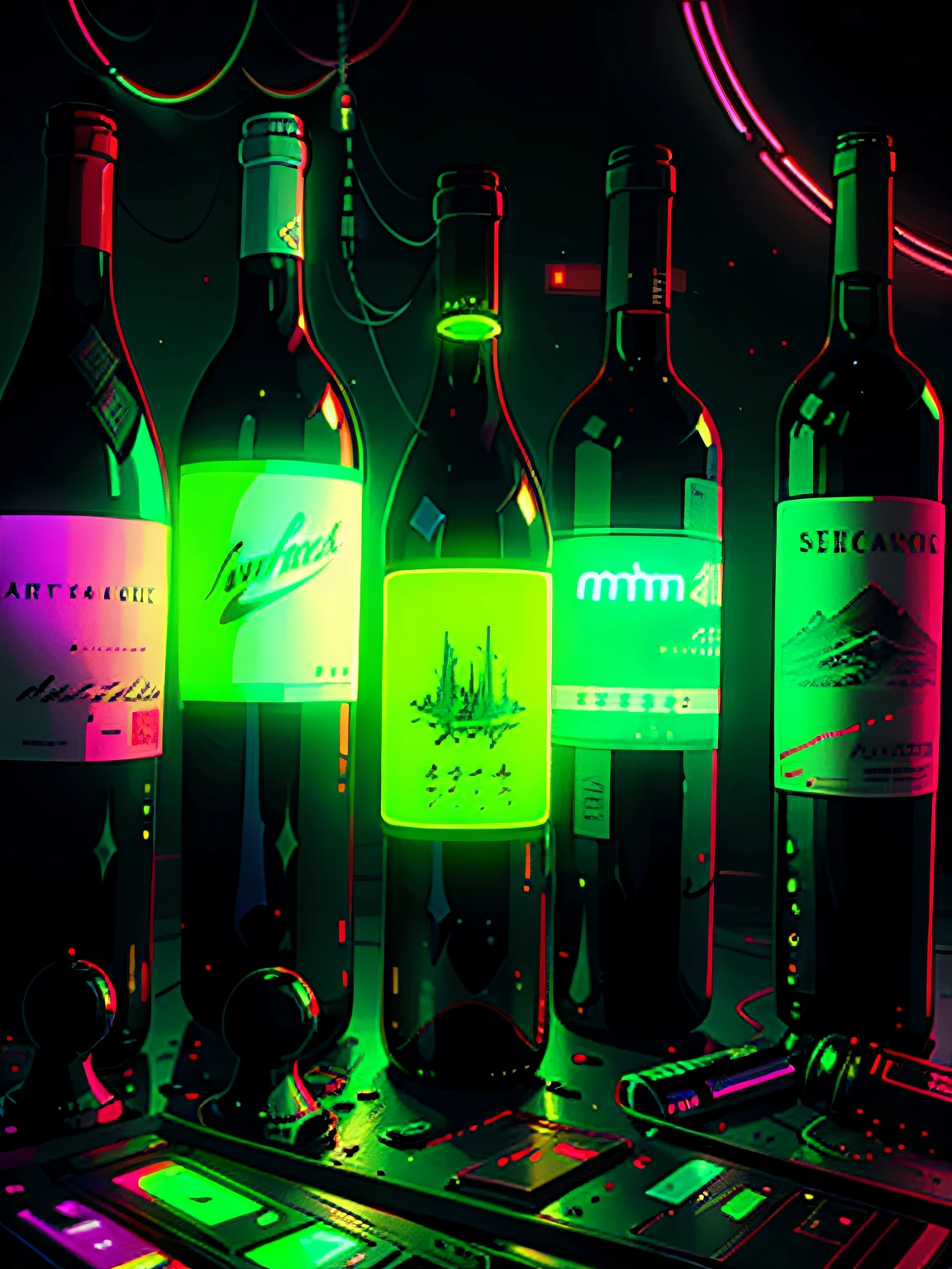 A bunch of wine bottles,cyberpunk artm,syntwave,Neon Glow,glowing neon