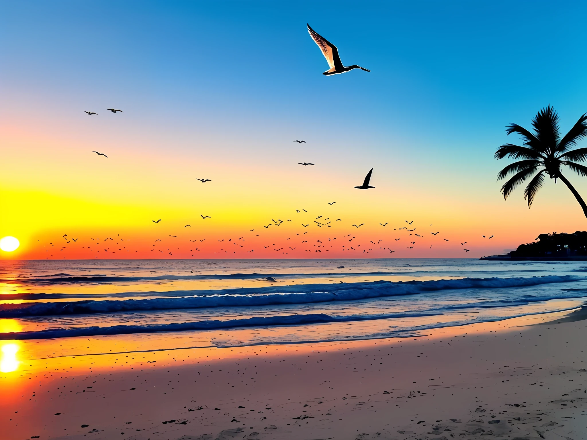 An absolutely mesmerizing sunset over the beach, with a blend of oranges, pinks, and yellows filling the sky. Crystal-clear waters of the sea gently kissing the shore, with sandy white beach stretching far and wide. The scene is dynamic and breathtaking, with seagulls soaring high in the sky and gently swaying palm trees. Take in the calming atmosphere and let the peacefulness wash over you.