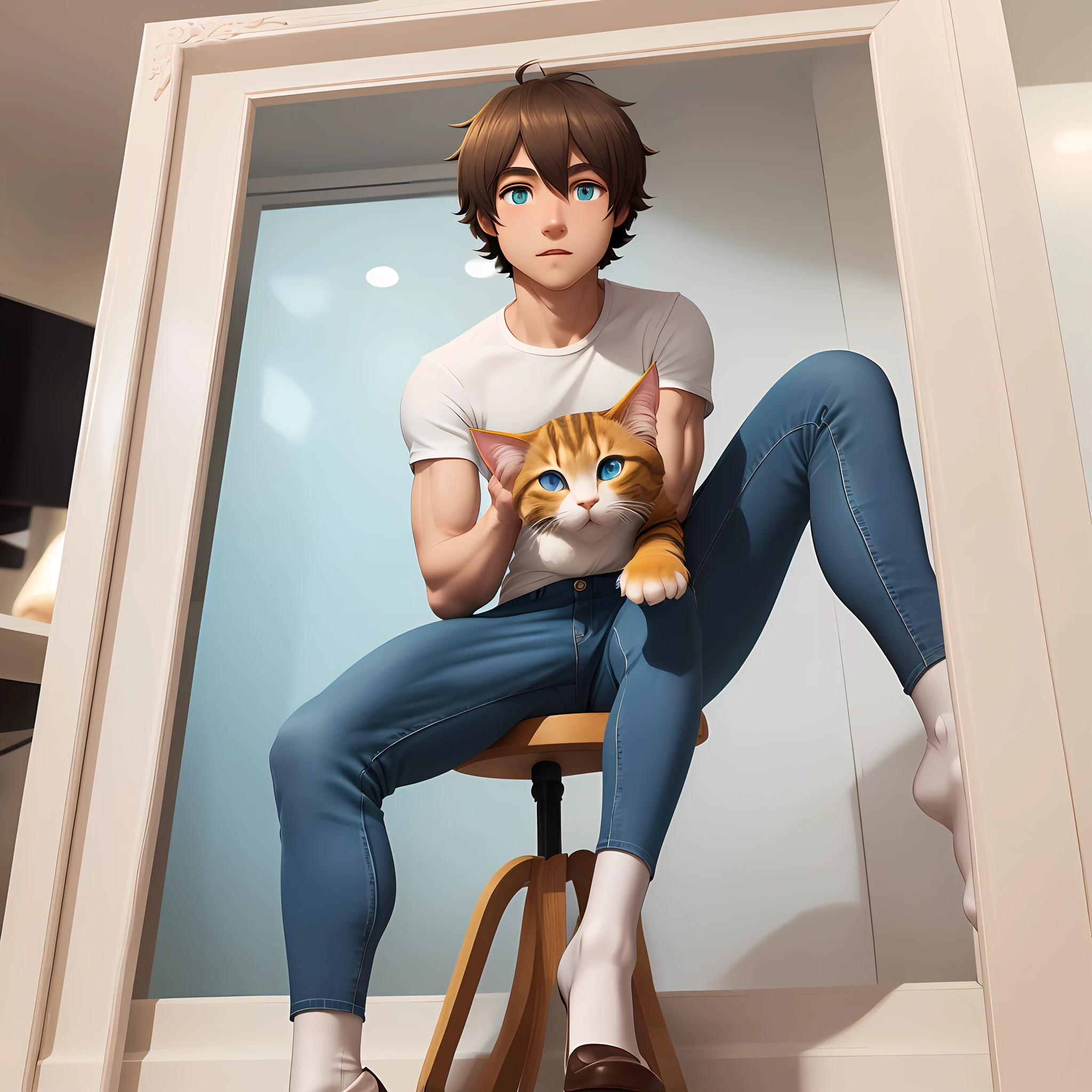 Bright eye,Bust photo of the character,Q version，Avatar frame， Character focus，独奏, shaggy, Furry male cat, Yellow-white fur for men, Blue eyes, Gray hair(largo），Little cute， Will sell moe，Wearing blue pants，White top，Wear white socks，There is a tail， --auto