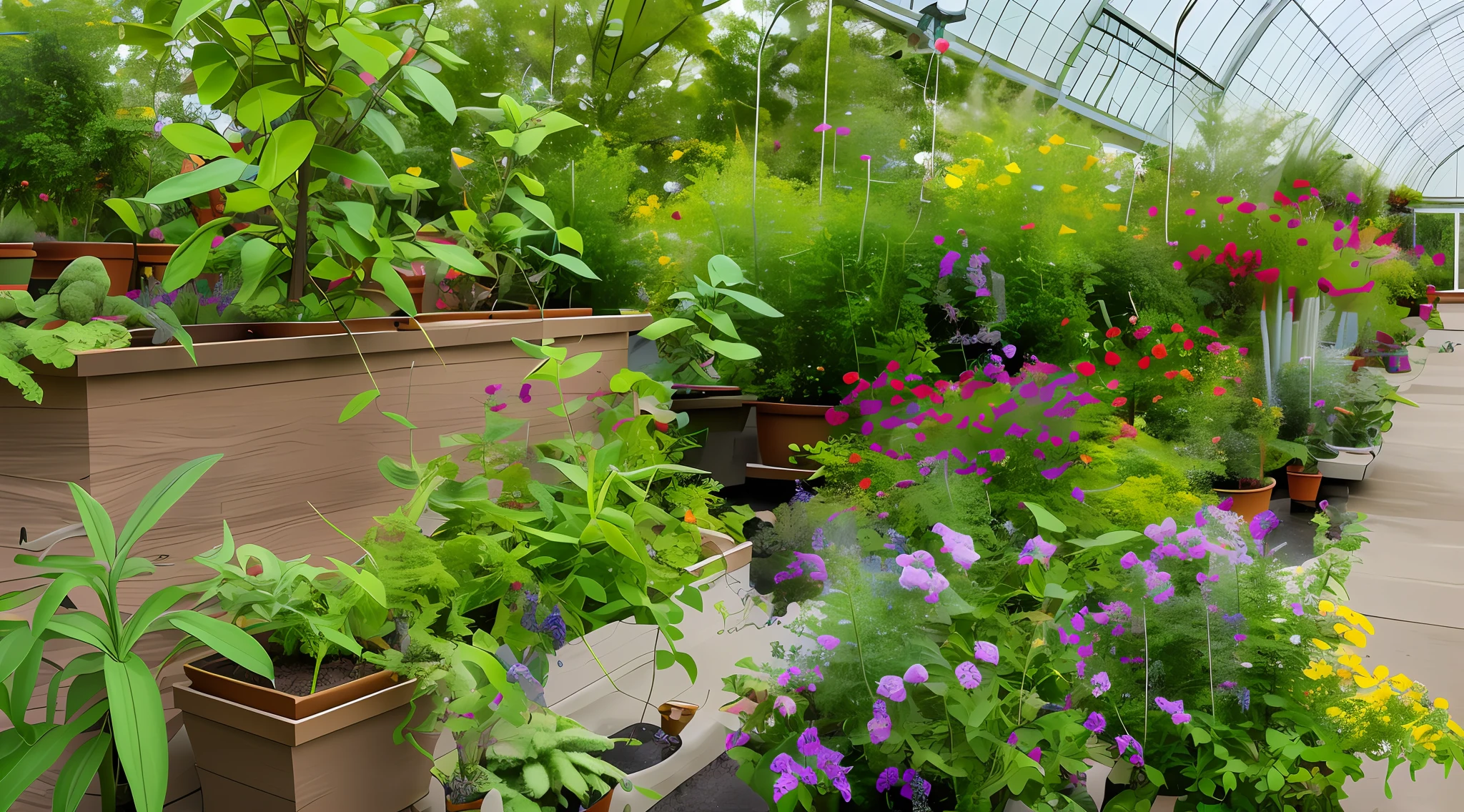 There are many potted plants on the wooden bench,Nature grows around the city,plants on balconies,the city is full of green plants,Lots of plants and flowers,pot plants,Plants are overgrown with plants,Plants on pots and walls,Overgrown with lush plants,Nature returns to the city,Plants and courtyards,Garden covered with canopy,Botanic Garden,Canopy,With membrane,Cover film,highest resolution,Highest image quality,3Drender,8K quality,Super clear,well detailed,Strong authenticity,super-detail,Look down from above,on overlook,Surrounded by cities,Surrounded by two buildings,jiji,casa,sidewalk,potted,on overlook,Viewed from a very high vantage point,Cover this white canopy above the botanical garden,Canopy,Greenhouses,(((White greenhouse))),sprinkling,Sprinkle water droplets on the greenhouse,Spray water onto potted plants,(((watering))),(((Sprinkle water on the roof of the greenhouse)))