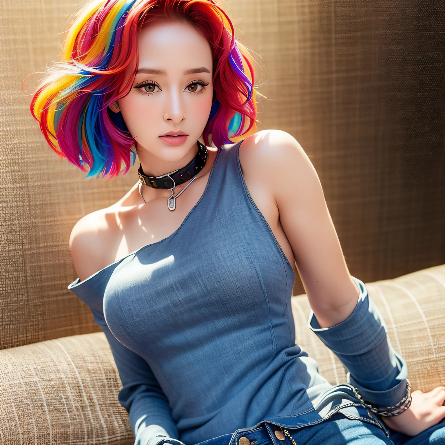 ((medium breast, tomboy girl,)),  (chiseled abs : 1.1), (perfect body : 1.1), (short wavy hair : 1.2) , auburn hair, collar, chain, full body shot, crowded street, wearing tanktop, jeans jacket, (torn clothes:1.3)((shorts)), (extremely detailed CG 8k wallpaper), (an extremely delicate and beautiful), (masterpiece), (best quality:1.0), (ultra highres:1.0),  beautiful lighting ,perfect lightning, realistic shadows, [highres], detailed skin, ultra-detailed (((colorful))),high realistic,
