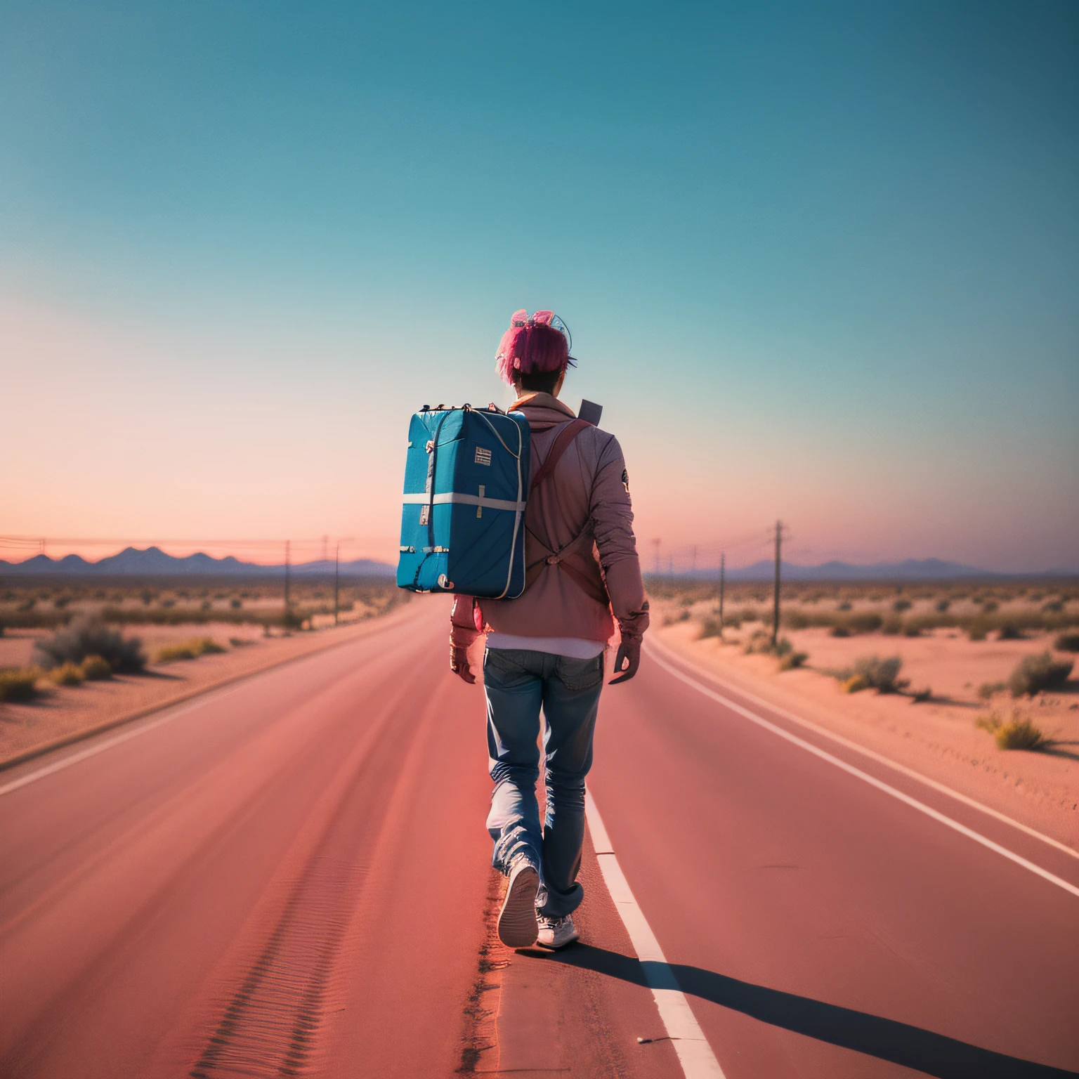 Man walking with a guitar on his back with his back to camera walking on a road in the middle of the desert towards the horizon. Surrealistic sky with blurred pink and blue colors. Image refers to bucolic feeling and causes nostalgia. Aesthetics of the 90s