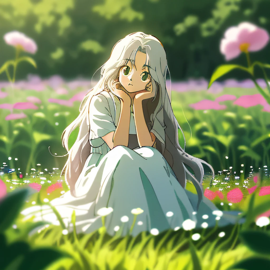 ghibli style, ghibli studio anime style,  a character portrait inspired by Hayao Miyazaki, (masterpiece, best quality),1girl with long white hair sitting in a field of green plants and flowers, her hand under her chin, warm lighting, white dress, blurry foreground