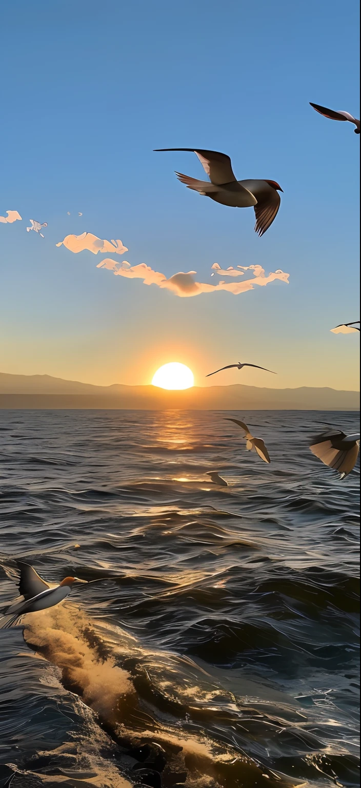 Fly over the ocean of Alafis at sunset，during a sunset, birds flying in the sunlight, author：Nico Henrikan, taken on iphone 1 3 pro, as the sun sets on the horizon, bird flying out of water, the photo was taken from a boat, birds flying in the distance, taken on iphone 14 pro, flying through sunset,（Handsome：1.1）（gentleman），（an lingerie：1.3），（shirtless;1.1），（laying on bed），（Top view）（???????/Expression of - resolution，overwhelmingly pixel perfect，luxurious illustration），（Super highest quality，The Masterpiece，ethereal：1.4）（Huge erect silhouette pants bulge）