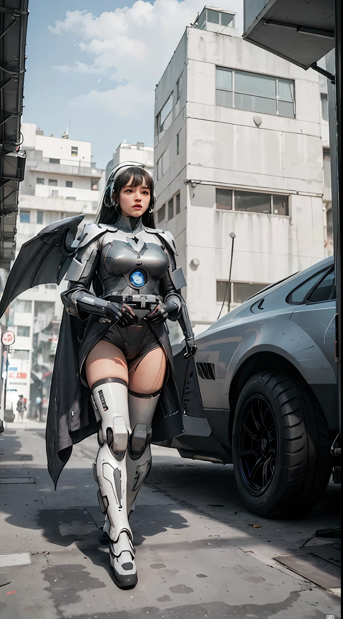 ((Best quality)), ((masterpiece)), (highly detailed:1.3), 3D, beautiful, (cyberpunk:1.2), in space, nebula, holding_weapon, (1Female mecha:1.3), facing the viewer, glowing eyes, full body, (flying, swooping down, dynamic, motion blur: 1.4), (huge mecha wings: 1.6), looking up, glowing_eyes, mecha, panorama, background is earth, nebula, space, particles, reality, HDR (High Dynamic Range), Ray Tracing, NVIDIA RTX, Super Resolution, Unreal 5, Subsurface Scattering, PBR Texturing, Post Processing, Anisotropic Filtering, Depth of Field, Maximum Clarity and Clarity, Multilayer Textures, Albedo and Specular map, Surface shading, accurate simulation of light-material interaction, perfect proportion, Octane Render, two-tone lighting, large aperture, low ISO, white balance, rule of thirds, 8K RAW, efficient sub-pixel, sub-pixel convolution,