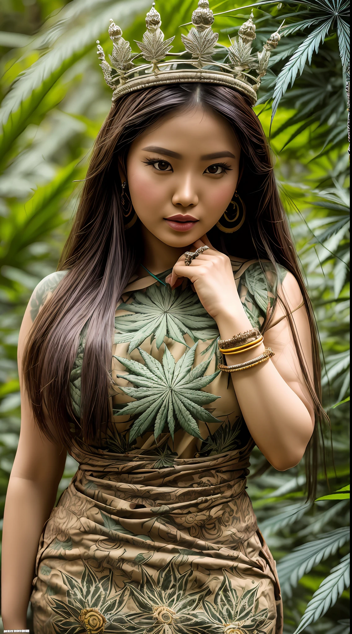 1sexy exotics voluptuous curvy thick busty Javanese girl with marijuana forest sexy kenaya clothes, marijuana flowers, marijuana leaves, mandalas, fractal, batik, Javanese art, Javanese culture, crown with marijuana leaf