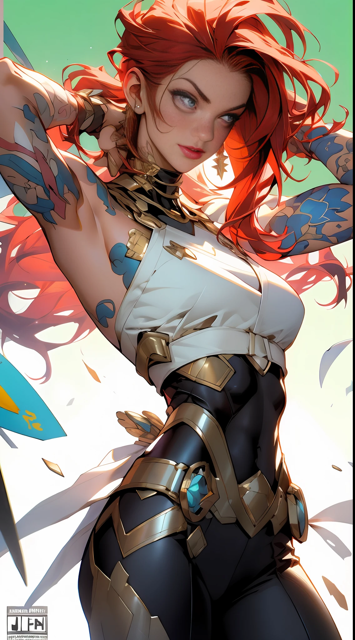 background, misto-language_text, letras japonesas em graffit ,garotas, long gradient red hair, excellent lighting, sidelighting, perfeito ultimate (cor plana: 1.3), (magazine_cover: 1.4), (multicolored_background: 1.3), striped_background, card_background, :: discs with sharp, shiny blades in hand :: circular pieces of white metals glued to the ultra detailed arms coming out of shimmering glow, desenho de estrela negra estampada no meio da camisa , perfeita e detalhada, camisa ultra detalhado com desenho abstrato e com estampa de letras japonesas em grafit dos lados da roupa, imagem de garotas com big breast, accompanied by an ultra-detailed cyborg lion, com efeitos imersivos, efeito pairar, fundo estilo grafite tatuagem tribal com flores e cores vibrantes, "hdr ultra" detalhadas e com efeito de foco, (obra-prima: 1.2, melhor qualidade), (beautiful eyes with huge finely detailed eyelashes: 1.2), , ((Solo)), (Olhos finamente detalhados e rosto detalhado :1.3), in various full-body attack poses, (fundo bonito : 1.2),traje futurista, Super detailed circular metals Grabbed on the arms and pants, Fantastic paintings"((better quality, better lighting)), beautiful Powergirl with athletic body, accented and highlighted breasts, dynamic pose, colorful background, high saturation, vibrant lights."