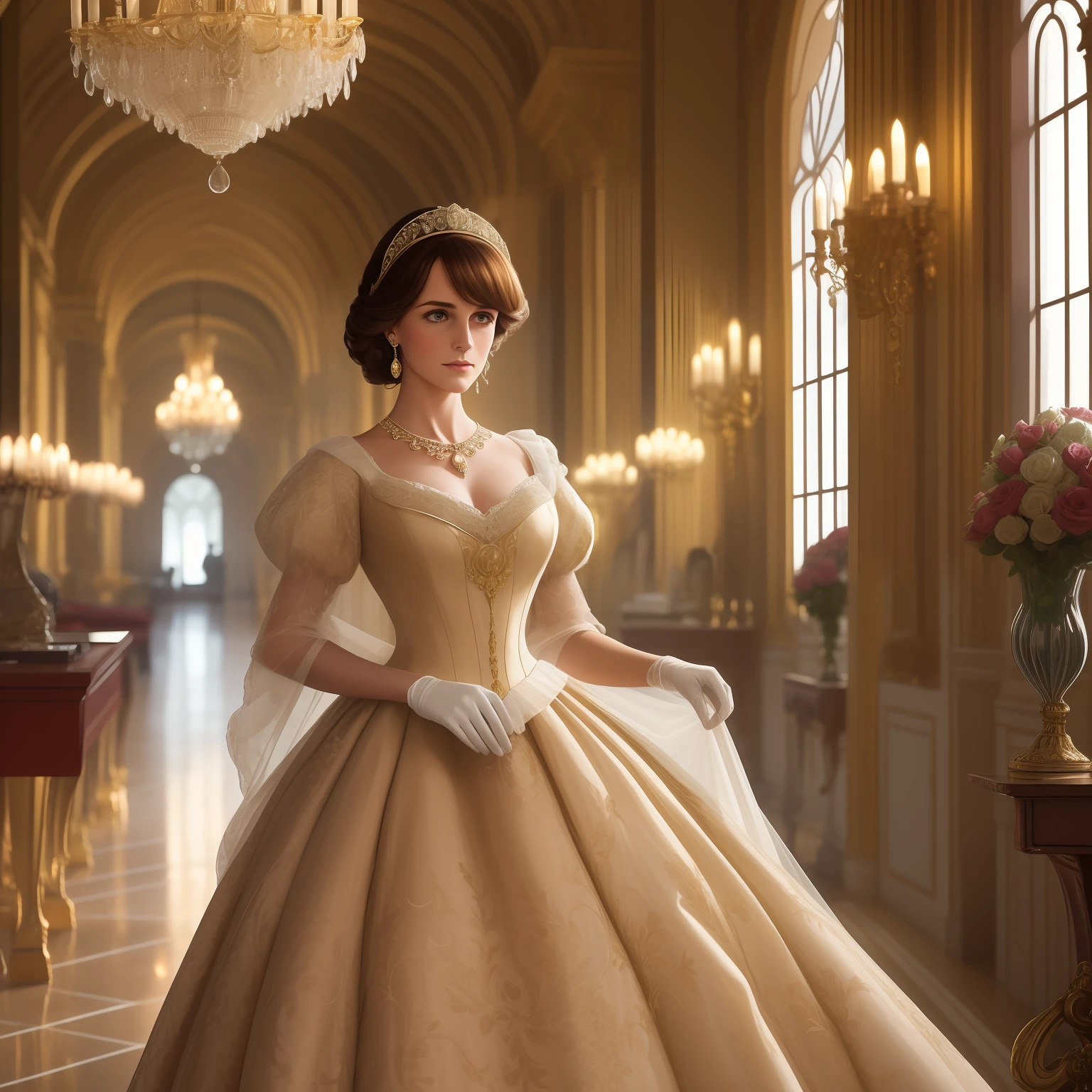 A serene image capturing the life of the late Diana Spencer, a Victorian-era dame who inspired a classic novel. In this captivating scene, dressed in a flowing gown and flowing gloves, Spencer strolls with grace through the opulent Parr's Palace, where she is surrounded by the beautiful and opulent furnishings of the time period. A soft, ambient light highlights the intricate details of the ornate chandeliers, while a rich background features elegant tapestries and intricate engravings. standard lens, golden hour, soft lighting