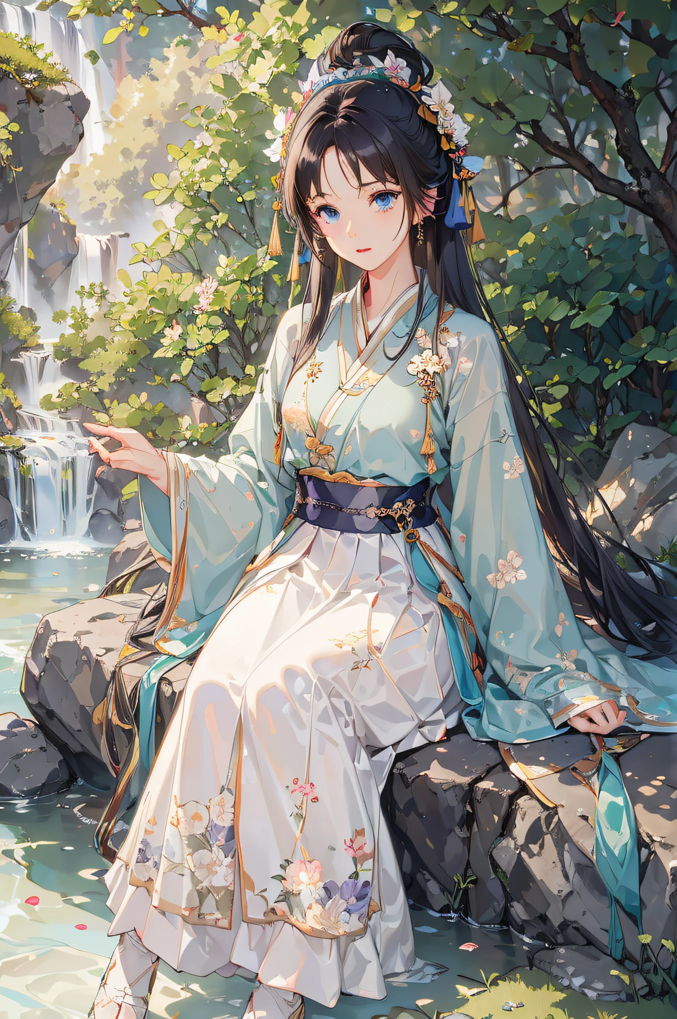 shukezouma,masterpiece, highres, best quality, professional lighting, photon mapping, radiosity, physically-based rendering,1girl solo, sitting,countless waterfalls flowing down from the mountains, pine trees and flowering trees,hanfu, song style outfits, 1girl, (green short shan:1.2), (white pleated skirt1.2), (purple floral songmo:1.1),blue eyes,