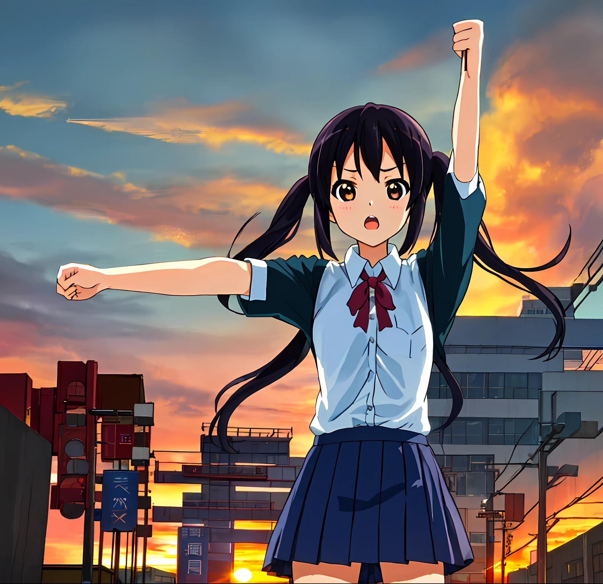 1girl, (((A masterpie))), beste Quality, beste Quality, High Detail, Azusa Nakano, 1girl, Sakuragaoka High School Uniform, an instrument, Student uniforms, twintails, long hairs, black haired, brown eyess, 独奏, reddish, Dark blue blazer with thin red ribbon, Solid white buttoned shirt under blazer, illutst, comic book, soothing tones, Subdued Color, Soft cinematic light, adobe lightroom, photolab, HDR, Complex and highly detailed、(((Depth-of-field))))。(((A masterpie)))。(((beste Quality))).)((Ultra detailded)))。(((illutst)))。(((fighting stance))).,(((Gigantic))).dynamic focus.(((Skyscrapers))).(((Streets))).(((Despair face))). open mouth.(((sunset))).(((sunsets))).(((Clench your fists))).(((Be proud))).(((small breasts))).(((Spread your arms))).