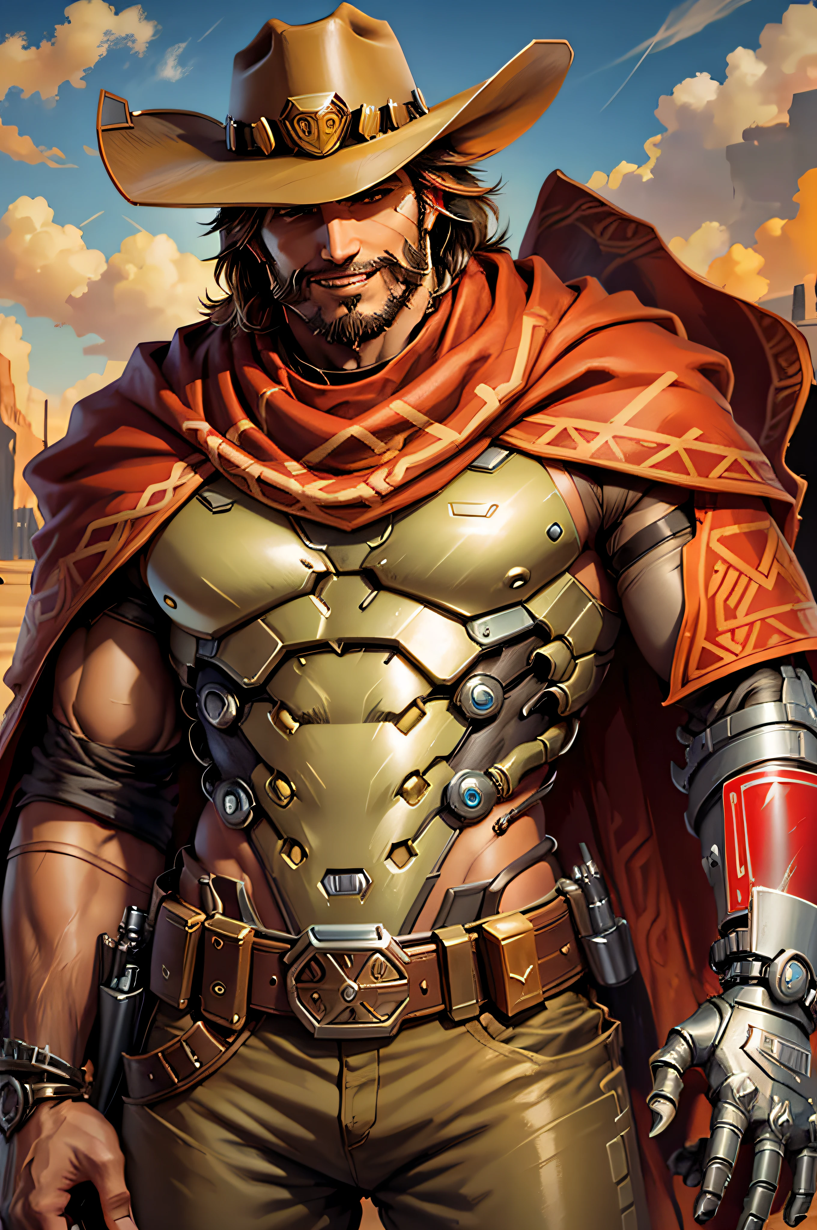 mccree, western setting, cowboy hat, red poncho, muscular, hunk, mechanical body, cybernetic right arm, cape, setting sun in background, smile,  confident pose, cigar in mouth,  best quality