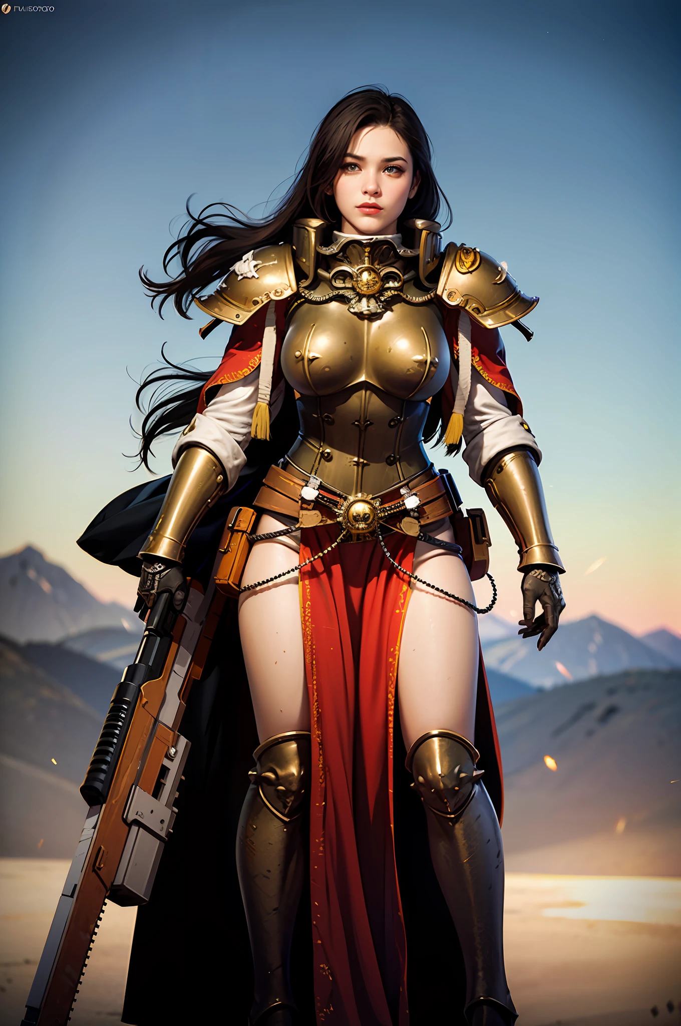 (obra-prima), profissional, foto realista, profundidade de campo, armrest,cabelos loiros compridos (vermelho fosco |branco |ouro Armor_metal:1.2), linda armadura de metal ,(preto fosco| ouro weapon_metal:1.2), linda arma de metal, parafuso, rifle, pistola, arma, carregador, sniper scope, cano longo, freio focinho, warhammer 40K, adepta sororitas,