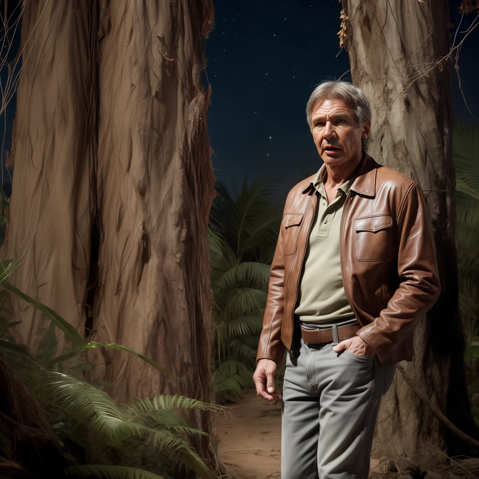 Award winning movie production stills. Cinematic lighting. Epic scene. close focus. Complex detailed surface textures. front view. Harrison Ford dressed as Indiana Jones wearing worn brown leather jacket hiding in the jungle at night watching in disgust with his hands over his face, In the production style of Steven Spielberg