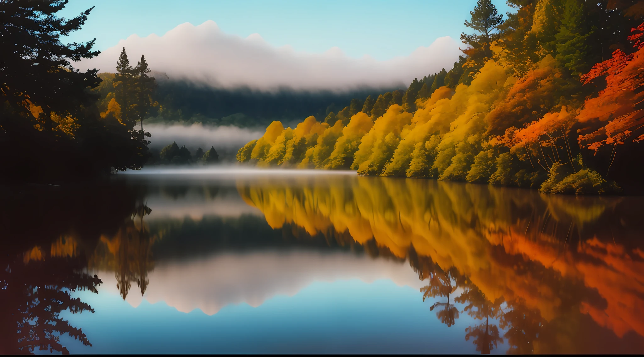 trees are reflected in the water of a lake with a mountain in the background, autumn tranquility, layers of colorful reflections, soft reflections, image full of reflections, today\'s featured photograph 4k, still water calm as a mirror, autumn, mist, lake reflection, clear reflection, autum, glassy reflections, (mist), golden mist, reflection