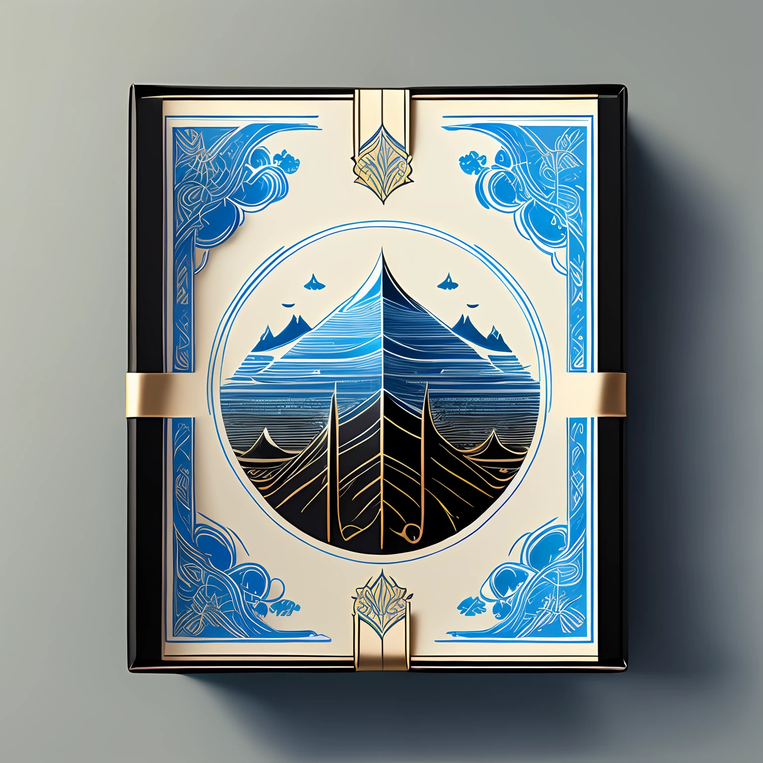 Graphic design，packaging design，song dynasty，High-end art gift box，Jet black background，Bright blue，Young people like it，Minimal and pure  ，simplistic，Ultra detailded，Detailed drawing，Vectorization，scherenschnitte，8K。