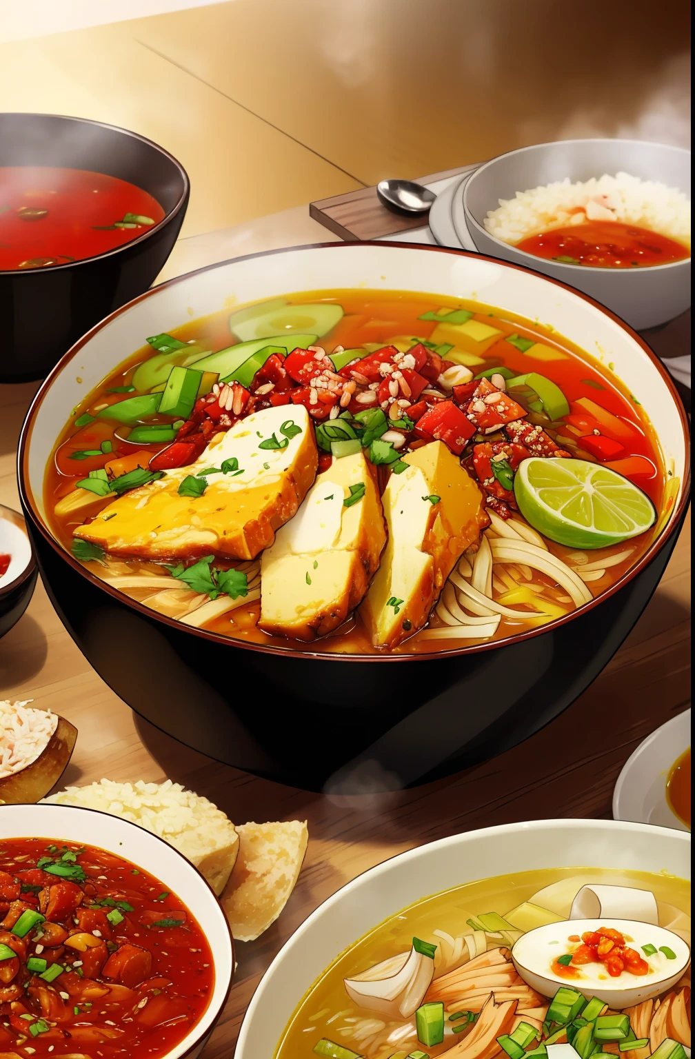 food, anime, manga, comic, a bowl of soto ayam with chili sauces, rice, wooden table, yellow soup, hot steam, volumetric, rim lighting, soft focus, blurry background