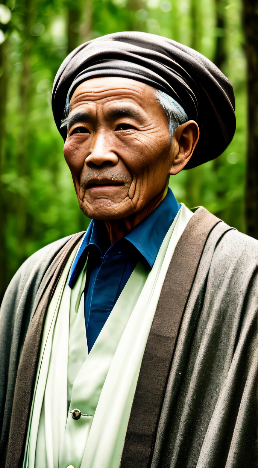 Portrait photography style, world masterpiece, super unique high professional digital art, film format, hyper-realism, color cinematography with ultra-fine details and quality, background is deep in the forest, an old man in rural China, an old man with wisdom. He wears an old cloak and his eyes are kind and shrewd. His body is upright, his skin has been blackened and powerful by the sun and rain, and the wrinkles are fixed on the corners of his mouth and forehead, which makes it seem that his years have precipitated. Although wearing a dark gown, although simple in appearance, it exudes sublime wisdom and a sense of tenacity of strength.