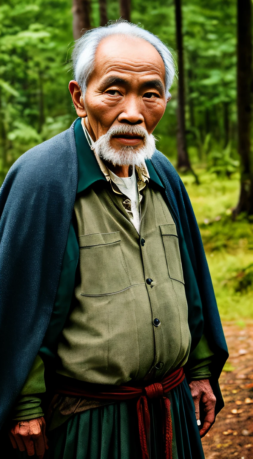 Portrait photography style, world masterpiece, super unique high professional digital art, film format, hyper-realism, color cinematography with ultra-fine details and quality, background is deep in the forest, an old man in rural China, an old man with wisdom. He wears an old cloak and his eyes are kind and shrewd. His body is upright, his skin has been blackened and powerful by the sun and rain, and the wrinkles are fixed on the corners of his mouth and forehead, which makes it seem that his years have precipitated. Although wearing a dark gown, although simple in appearance, it exudes sublime wisdom and a sense of tenacity of strength.
