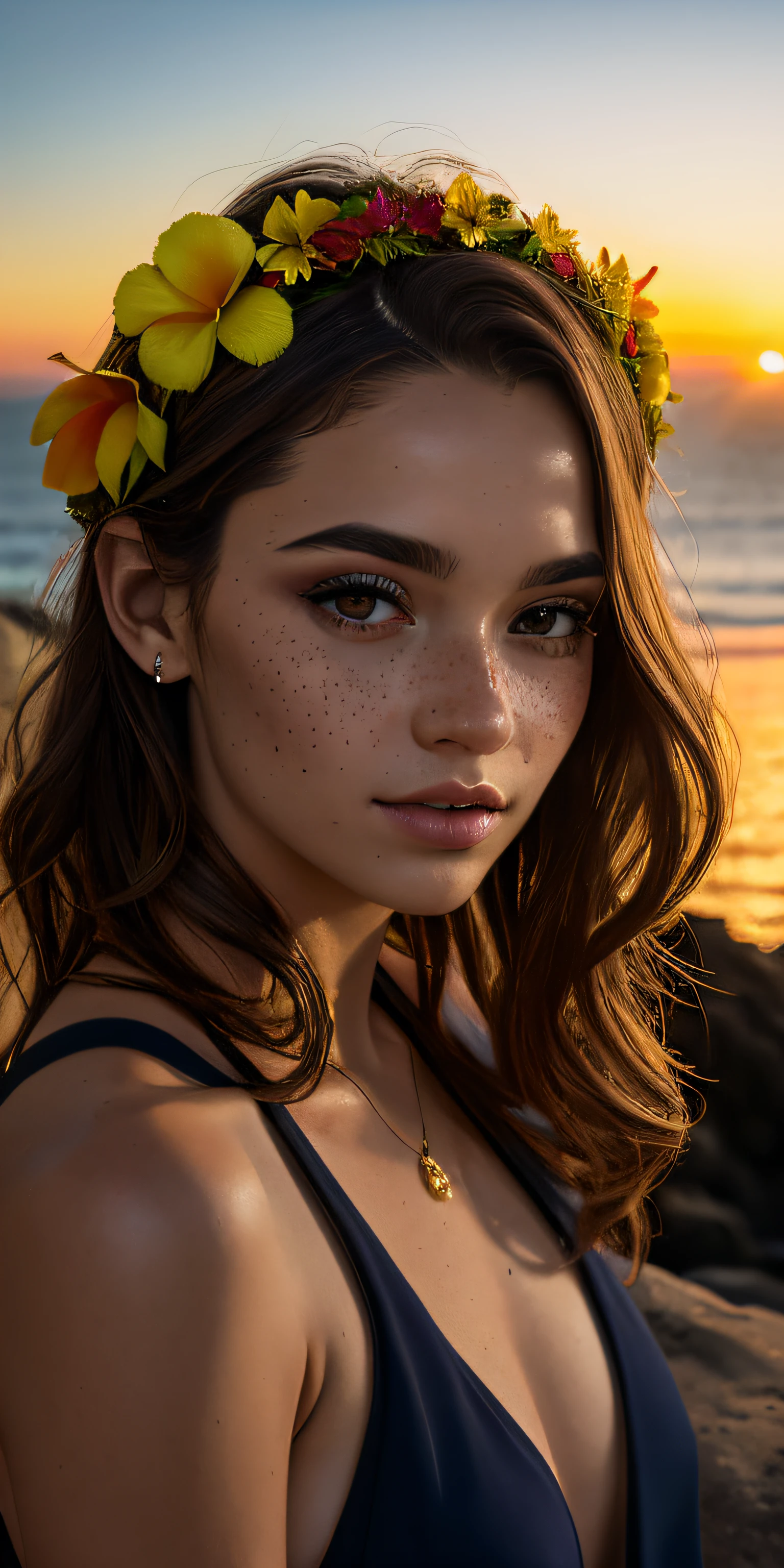 Portrait of greek goddess Artemis, dark brown hair, blonde highlights, wavy hair, highly detailed, freckles, no makeup, wearing flower crown with tropical flowers, wearing,, realistic, realistic photography, Leica camera, 24mm, f/1.8, on a cliff at a beautiful beach, sunset, golden hour